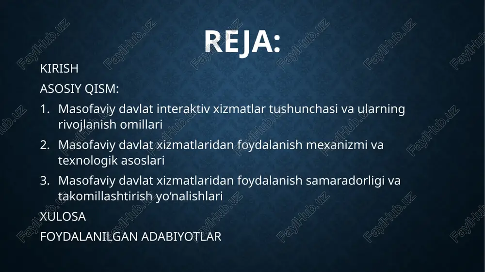 a yagona interaktiv davlat xizmatlari portali (my.gov.uz) faoliyat yuritadi. masofaviy xizmatlardan foydalanish jarayoni bir nechta bosqichlarni o‘z ichiga oladi: foydalanuvchini identifikatsiyalash – bu bosqichda fuqaro shaxsini tasdiqlash uchun oneid yagona identifikatsiya tizimi yoki **elektron raqamli imzo (erim)**dan foydalaniladi. ushbu vositalar onlayn bajariladigan har bir huquqiy-huquqiy ahamiyatga ega tranzaksiyaning ishonchliligini kafolatlaydi. xizmat tanlanishi va ariza topshirish – foydalanuvchi portal yoki mobil ilova orqali kerakli davlat xizmatini tanlaydi va elektron shaklda murojaatni rasmiylashtiradi. bunda ko‘p hollarda avval tizimda mavjud bo‘lgan ma’lumotlar avtomatik ravishda shakllantiriladi, bu esa vaqtni tejaydi va inson omili bilan bog‘liq xatoliklarni kamaytiradi. bugungi kunda masofaviy davlat xizmatlaridan foydalanish jarayonlari nafaqat kompyuter orqali, balki mobil ilovalar, telegram-botlar, sms-xabar tizimlari orqali ham qo‘llab-quvvatlanmoqda. bu geniş aholi qatlamlari uchun xizmatlardan foydalanish imkoniyatini kengaytiradi, ayniqsa masofaviy hududlarda istiqomat qiluvchi fuqarolar uchun katta qulaylik yaratadi. shunday qilib, masofaviy davlat xizmatlaridan foydalanish mexanizmi zamonaviy digital texnologiyalar, identifikatsiya tizimlari, ma’lumotlar almashinuvi platformalari hamda yuqori darajali axborot …