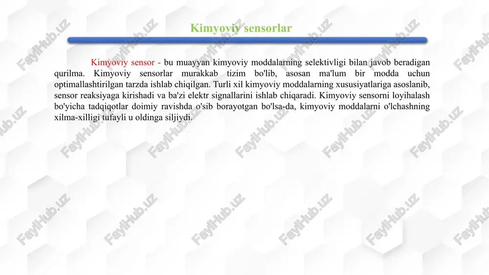 avati yarimo'tkazgichli sensorlar. inert podlojka (al2o3, shisha, va b. plastinka) yarimo‘tkazgich gazsezgir yupqa qavat (metall oksid) 5 1 2 3 4 4 4 4 yarimo‘tkazgichli metall oksid yuzasiga gazlarning adsorbsiyalanishi oksidning qarshiligini o‘zgarishiga sabab bo‘ladi. bunday o‘zgarishga sabab metall oksidi va gaz faza orasida bo‘ladigan elektron-larning almashinuv jarayoni (metalldan gazga yoki gazdan metallga o‘tishi). yarimo‘tkazgichli metall oksiddan iborat sensor yordamida gazlarni aniqlashdagi birlamchi va eng muhim bosqich bu metall oksidi yuzasiga kislorodning adsorbsiyalanishidir. bunda elektronlar oksiddan unga adsorbsiyalangan kislorodga o‘tadi. natijada oksid zarrachalari yuzasida elektroni kam yoki elektronsiz zona yuzaga keladi va elektronlarni zarrachalar orasidagi harakatlanishi (bir zarrachadan ikkinchisiga o‘tishi) kamayadi yoki butunlay to‘xtaydi. natijada yarimo‘tkazgichli metall oksiddan iborat plyonkani qarshiligi ortib uni elektr o‘tkazuvchanligi kamayadi. rasm 2. yupqa qavat yuzasida adsorbsiyalangan kislorod ta’sirida elektronlari kamaygan yuza hosil bo‘lishi natijasida zarrachalar orasidagi ko‘prikni (bug‘inni-elektronni harakat yo‘lini) yopilishi. yarimo'tkazgichli sensorlar. yarimo‘tkazgichli sensorlarning qaytaruvchi gazlarni sezishi gazni oksid yuzasidagi adsorbsiyalangan kislorod bilan …