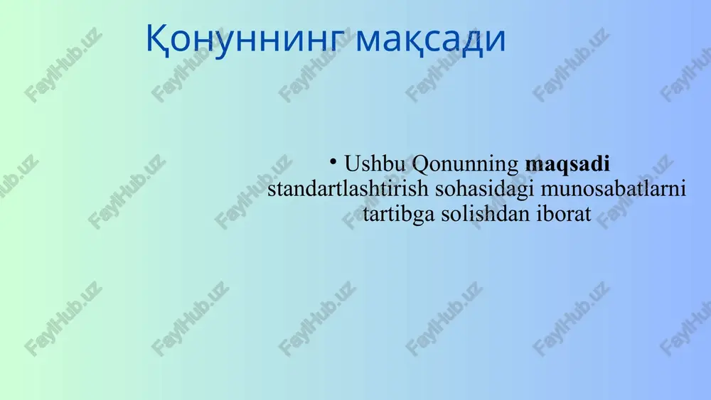 gan hamjihatlik; -mahsulot kelib chiqqan mamlakatdan va (yoki) joydan, shuningdek ishlab chiqaruvchining mulk shaklidan qat’i nazar, mahsulotga nisbatan kamsituvchi munosabatga yo‘l qo‘ymaslik; -ochiqlik va shaffoflik. standartlashtirishning asosiy vazifalari standartlashtirishning asosiy vazifalari quyidagilardan iborat: -fuqarolarning hayotini, sog‘lig‘ini va mol-mulkini muhofaza qilish; -atrof-muhitni muhofaza qilish; -mahsulotning sifati masalalarida iste’molchilarning huquqlarini va qonun bilan muhofaza qilinadigan manfaatlarini himoya qilish; -mahsulotning o‘zaro almashuvchanligini va moslashuvchanligini ta’minlash; -aholining va iqtisodiyot tarmoqlarining ehtiyojlarini qanoatlantirish uchun mahsulotning sifatini hamda raqobatbardoshliligini ilm-fan va texnologiyalarning rivojlanish darajasiga qarab oshirish; -barcha turdagi resurslarni tejashga ko‘maklashish, ishlab chiqarishning texnik-iqtisodiy ko‘rsatkichlarini yaxshilash; -ijtimoiy-iqtisodiy va ilmiy-texnik dasturlarni hamda loyihalarni ro‘yobga chiqarish chog‘ida amaliy jihatdan ko‘maklashish; -o‘zbekiston respublikasining iqtisodiyotini rivojlantirishga va ilmiy-texnik taraqqiyotiga ko‘maklashish; -ishlab chiqariladigan mahsulotning nomenklaturasi va sifati to‘g‘risidagi axborotning ochiqligini hamda ishonchliligini ta’minlash; -mamlakatimizda ishlab chiqarilgan mahsulotning xorijiy bozorlarga olib chiqilishiga ko‘maklashish; -o‘lchash birligini ta’minlash standartlarni qo‘llash standartlar mahsulotni ishlab chiqish, loyihalashtirish, ishlab chiqarish, saqlash, sinash, tekshirish va o‘lchash, mahsulotning namunalarini …