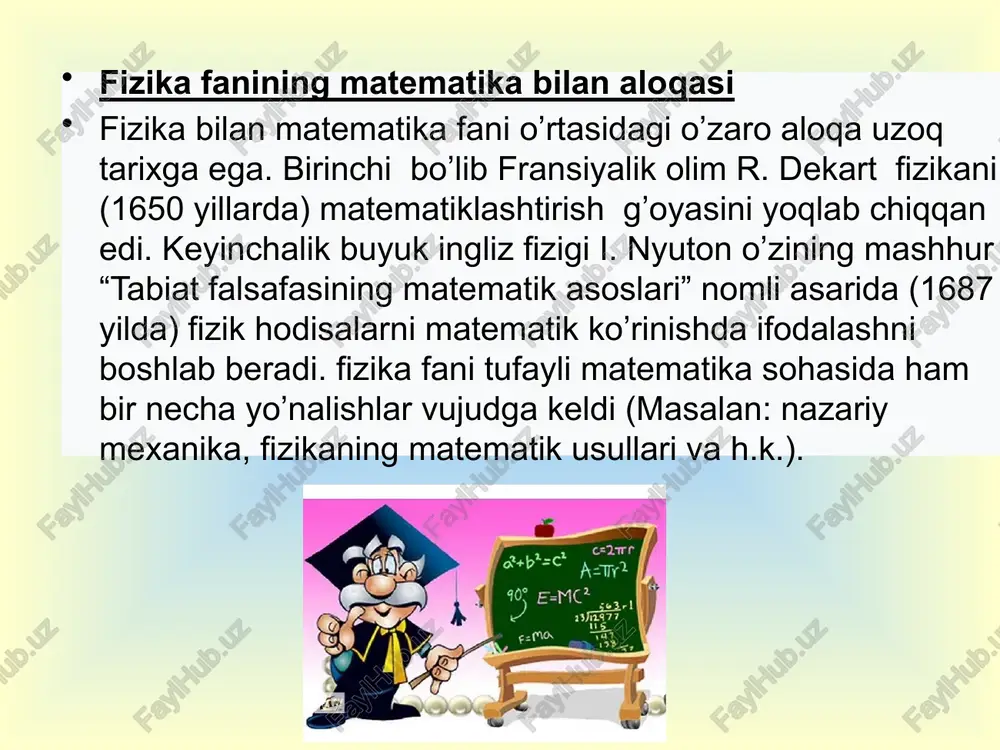 asi umumiy holda quyidagi ko’rinishga ega: x = x0  v0t  at2/2. ushbu tenglamani grafik ravishda x = x(t) tasvirlasak u quyidagi ko’rinishga ega bo’ladi. fizika bilan ximiya fani orasidagi bog’lanish. fizika va ximiya fanlari shunday bog’langanki, biri ikkinchisiz rivojlana olmaydi. bu ikki fanning o’zaro munosabati tufayli yangi fanlar: fizximiya, ximiyaviy fizika vujudga keldi. maktabda fizika va ximiya fanlarining vaqt bo’yicha muvofiqlashuvi o’quv dasturlarida o’z ifodasini topgan. fizika bilan ximiya fanlari orasidagi bog’lanish fizikani molekulyar fizika va elektr bo’limida ko’proq namoyon bo’ladi. ikkala fan uchun umumiy bo’lgan mavzular atom, molekula, avagdro qonuni, atom va molekulyar bog’lanishlar, atomning elektron qobig’ini tuzilishi, ximiyaviy elementlarning tuzilishi va xossalari, moddalarning ageregat holatlarini yuzaga kelishi sababi, ichki energiya va hokazolar molekulyar fizika bo’limida o’rganiladi. elektr bo’limida jismlarning zaryadlanish jarayoni atom va molekulalar tuzilishi bilan izohlanadi. turli muhitlarda elektr toki, elektrolitlarda elektr toki, faradey qonunlari, elektroximiyaviy ekvivalentlik, ion, dissosiasiya tushunchalari ximiya va elektr hodisalari o’rtasidagi …