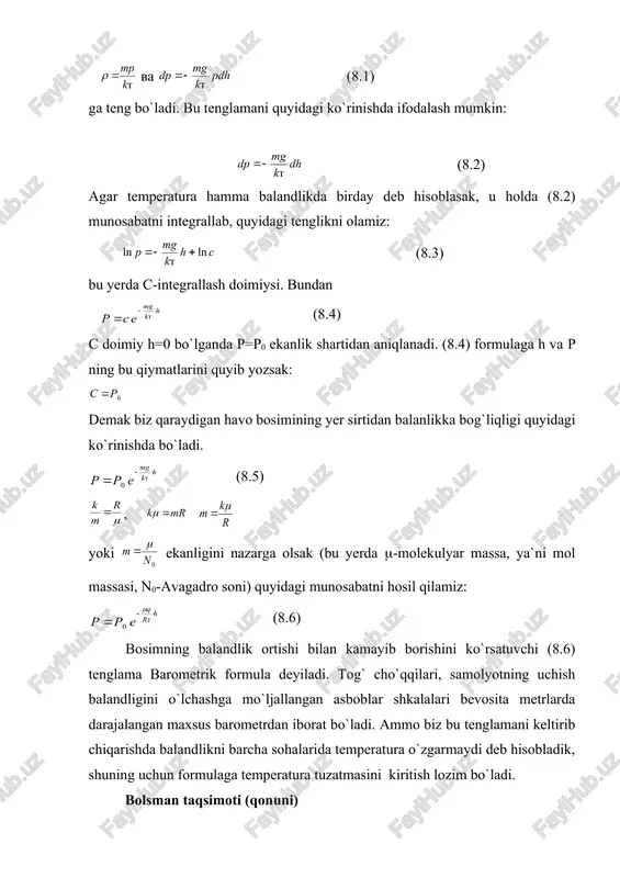 energiyali zarralar soni quyidagi formula bilan aniqlanadi: (8.8) va bu formulaga bolsman (qonuni) formulasi deb ataladi. bu formula issiqlik muvozanati sharoitida u energiyaga bo`lgan zarralar taqsimotini aniqlash imkonini beradi: (8.9) bu formula yordamida berilgan u energiyali zarralar taqsimoti ning shu energiya kattaligidan tashqari, faqat temperaturaga bog`liq bo`lishini ko`rsatadi va zarralarning energiya bo`yicha qanday taqsimlanishiga bog`liq bo`lgan kattalik sifatida ifodalashiga imkon beradi. gazlar kinetik nazariyasiga ko`ra gaz molekulalari to`xtovsiz issiqlik xaotik harakatida o`zaro to`qnashib turadi. ko`pgina to`qnashuvlardan keyin muvozanat yuzaga keladi. ammo makroskopik muvozanat holatda ham mikroskopik jarayonlar, ya`ni ularning to`qnashuvlari davom etaveradi. bu to`qnashuvlar tufayli molekulalarning tezliklari o`zgarib turadi. lekin ular tezliklarining o`zgarishi ma`lum bir tezlik intervalida ro`y beradi va umumiy qonuniyat asosida bo`ladi. gaz molekulalri harakat tezliklarining bu qonuniyatlari ingliz olimi d. maksvell tomonidan (1860- yilda) ochilganligi tufayli uning nomi bilan maksvell taqsimoti deb yuritiladi. maksvell taqsimotini qaraymiz. ma`lum v hajmdagi idishda n ta gaz molekulalari bo`lsa, hajm birligidagi …