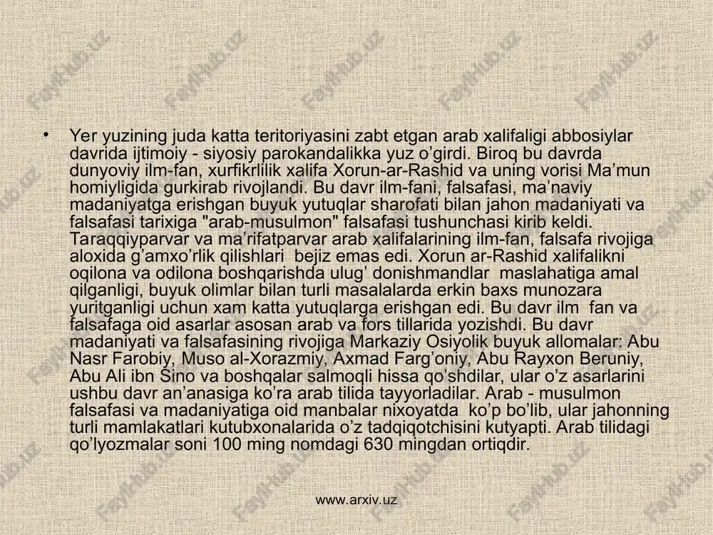 suriyaning qator mustamlaka shaxarlarida jumladan marvda (xozirgi turkistonning mari shahri) faqat savdo-sotiq bilangina emas, balki ilm-fan bilan xam shug’ullanganlar. aleksandriyada grek meditsina maktabi saqlanib qolgan bo’lib, u arablar istilosidan keyin xam mavjud bo’ldi, faqat xalifa umar ii davrida antioxiyaga, keyinchalik esa xarran shahriga ko’chirildi. arablar istilosidan keyin grek falsafiy asarlarni suriya tiliga tarjima qilish ishlari davom etgan. www.arxiv.uz www.arxiv.uz arablar istilosidan keyin xristian dinining umumiy madaniy qiyofasi xam asta-sekin o’zgarib borgan. xalifa al-ma’mun bog’dodda mashxur "bayt al - xikma" ("donishmandlar uyi") ni tashkil etgach qadimgi yunon asarlarini arab tiliga tarjima qila oladigan, bir vaqtning o’zida suriya, grek va arab tillarini mukammal biladigan moxir va iste’dodli tarjimonlarga katta extiyoj tug’ilgan xalifa al ma’mun davrida boshlangan "tarjimonchilik" xarakati faqat yangilikkina emas, balki ilgarigi ishlarning yanada kengrok davom ettirilishi edi. ibn xashkonning (xiii) "mashxur kishilarning vafot yillari va davr uglonlari xakida ma’lumot asarida ta’kidlanishicha, abu nasr farobiy xristian faylasuflari ioan ibn xaylandan xarranda, …