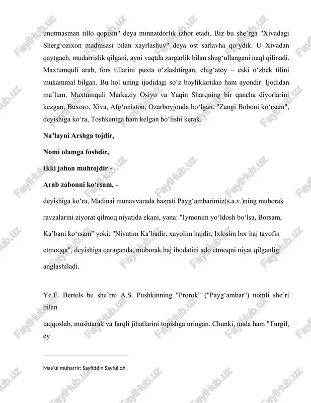 yat qilganligi anglashiladi. ye.e. bertels bu she’rni a.s. pushkinning "prorok" ("payg‘ambar") nomli she’ri bilan taqqoslab, mushtarak va farqli jihatlarini topishga uringan. chunki, unda ham "turgil, ey ________________________ mas’ul muharrir: sayfiddin sayfulloh payg‘ambar, chorla, da’vat et!" degan xitob bor. ammo pushkinning "payg‘ambar" she’ri aslida hazrati rasululloh sallallohu alayhi va sallam haqlarida bo‘lib, unda, shaqqi sodr, ya’ni, bolalikda hazrati payg‘ambarimizning ko‘kraklarini farishtalar yorib, qalblarini poklagani, keyin esa ko‘ksilariga hikmat to‘la cho‘g‘dek oltin jom joylaganlari hamda vahiy voqealari, u zotga insonlarni ogoh etib, haqqa da’vat qilish amr etilgani ifodalangan. she’rdagi: "vosstan, prorok, i vijd, i vnemli" ("turgil, ey payg‘ambar, chorla, da’vat et") satri "muddassir" surasidagi "qum fa anzir" – "tur va ogoh et!" oyatidan olingan. pushkin yozadi: yotardim kimsasiz yobon ichinda, menga vahiy keldi allohdan shunda: "turgil, ey payg‘ambar, chorla, da’vat et, irodamga bo‘ysun, bas, tamomila; sen barru bahrni kezib, irshod et, insonlar qalbin yoq, haq kalom ila!" pushkin qur’oni karim tarjimasini o‘qib, …