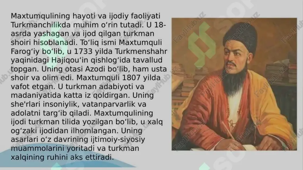 adiiy mahorat bilan yoritadi. maxtumquli she’rlari xalq og‘zaki ijodi ruhida, sodda, lekin chuqur ma’noga ega tilda yozilgan. shu bois uning asarlari nafaqat adabiy, balki axloqiy va tarbiyaviy ahamiyatga ham ega. image1.png image2.jpeg image3.png image4.png image5.jpeg /docprops/thumbnail.jpeg