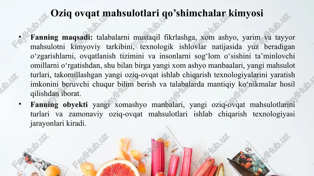 ga to‘sqinlik qiluvchi moddalarga aytiladi. misol tariqasida oqsillarni fermentativ gidroliziga to‘sqinlik qiluvchi oqsil tabiatli ingibitorlarni aytish mumkin. yod moddalarga: og‘ir metallar, pestitsidlar, antibiotiklar, radiatsion modda manbalari va boshqalar kiradi. this presentation uses a free template provided by fppt.com www.free-power-point-templates.com taomning inson organizmi uchun ahamiyati qanday? pazandachilik – amaliy san’at sohasida ham, fan sohalari rivojlanishida ham o‘ziga xos o‘rin va ahamiyatga ega. pazandachilik nafaqat texnologiya, balki tarix, kimyo, biologiya, fizika fanlari bilan ham chambarchas bog‘liq. dasturxonga tortiladigan taom ilmiy asosda tayyorlanishi, nafosat bilan bezatilishi lozim. masalliqni lazzatli va foydali taomga aylantirish pazandaning mahoratiga bog‘liq. taom tayyorlashda pazandachilik san’ati ro‘yobga chiqadi. uni tayyorlash ilmining o‘ziga xos texnologiyasi mavjud. pazandachilik san’ati insoniyatning eng qadimgi faoliyatlaridan biri bo‘lib, uning rivojlanishi har doim jamiyatning iqtisodiy ravnaqiga aloqador bo‘lgan. ovqatlanish inson hayot kechirishining muhim vositasi, sihat-salomatligi va uzoq umr ko‘rishining garovidir. this presentation uses a free template provided by fppt.com www.free-power-point-templates.com ovqatlanish inson organizmi uchun juda …