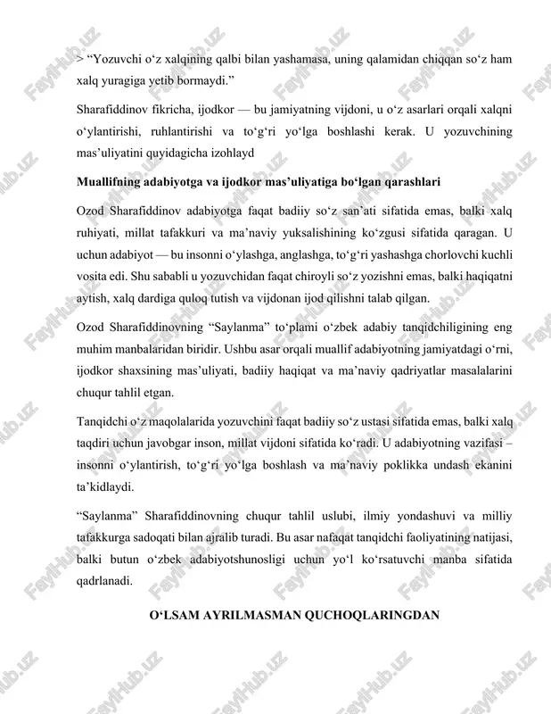 ing vazifasi – insonni o‘ylantirish, to‘g‘ri yo‘lga boshlash va ma’naviy poklikka undash ekanini ta’kidlaydi. “saylanma” sharafiddinovning chuqur tahlil uslubi, ilmiy yondashuvi va milliy tafakkurga sadoqati bilan ajralib turadi. bu asar nafaqat tanqidchi faoliyatining natijasi, balki butun o‘zbek adabiyotshunosligi uchun yo‘l ko‘rsatuvchi manba sifatida qadrlanadi. o‘lsam ayrilmasman quchoqlaringdan sehrli musiqaday jaranglovchi bu ajib so‘zlarni ilk bor bolaligimda — urush boshlangan yili eshitgandim. yosh tomoshabinlar teatrining eski jóvadagi almisoqdan qolgan torgina zali. odam tirband. sahnada past bo‘yli, kulcha yuzli, istarasi issiq artist ko‘zlari chaqnab, ovozini bir ko‘tarib, bir pasaytirib hayajon bilan she’r o‘qimoqda: vatan — ona so‘zi naqadar laziz, sensan har narsadan mo‘tabar, aziz, hurmatingni saqlar har bir olgil-qiz, muqaddas, mo‘tabar, ulug‘ vatanim, o‘lsam ayrilmasman quchoqlaringdan… ko‘p o‘tmay teatr zalida o‘tirganim ham, she’rni sahnada artist o‘qiyotgani ham unut bo‘ldi. she’r misralari va, ayniqsa, har band oxirida takrorlanayotgan «o‘lsam ayrilmasman quchoqlaringdan» degan ibora go‘yo yuragimda tug‘ilib, ichimdan joshib chiqayotgandek. uchta oddiy so‘zdan tarkib …