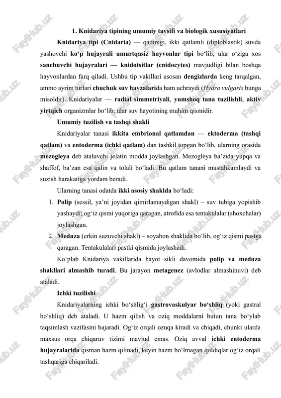 da qisman hazm qilinadi, keyin hazm bo‘lmagan qoldiqlar og‘iz orqali tashqariga chiqariladi. sanchuvchi hujayralar (knidotsitlar) knidariyalarning eng muhim belgisi — knidotsitlar, ya’ni sanchuvchi yoki zaharlovchi hujayralar. ular ektoderma qatlamida, asosan tentakulalarda joylashgan bo‘lib, o‘lja tutish va himoyalanishda katta ahamiyatga ega. knidotsit ichida nematosista deb ataluvchi sanchuvchi kapsula joylashgan. o‘lja yoki dushman bilan aloqada bo‘lganda, bu kapsula ichidagi ipcha yuqori tezlikda otilib chiqadi va o‘ljani sanchib, zahar modda yuboradi. shu sababli, ko‘plab knidariyalar mayda suv jonivorlari uchun o‘limli ta’sir ko‘rsatadi. fiziologik tizimlari asab tizimi: knidariyalar markaziy nerv tizimiga ega emas. nerv hujayralari to‘r shaklida (diffuz nerv tizimi) butun tana bo‘ylab tarqalgan. bu tizim reflektor harakatlar — qisqarish, tentakula harakati va sezuvchanlikni ta’minlaydi. mushak tizimi: ektoderma va entoderma qatlamlarida joylashgan epiteliy-musak hujayralari qisqarish harakatini amalga oshiradi. bu ularning suzish yoki o‘ljani ushlash qobiliyatini beradi. nafas olish va chiqarish: maxsus nafas olish yoki ajratish organlari yo‘q. gaz almashinuv va chiqindi moddalarning ajralishi tana …