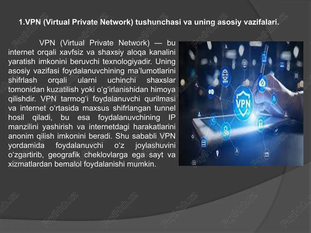 ari — bu vpn tarmog‘i orqali ma’lumotlarni shifrlash, uzatish va xavfsiz aloqani ta’minlovchi texnik standartlardir. eng ko‘p ishlatiladigan vpn protokollariga pptp, l2tp, ipsec, openvpn, sstp va wireguard kiradi. har bir protokol o‘zining ishlash mexanizmi, xavfsizlik darajasi va tezligi bilan bir-biridan farq qiladi. pptp (point-to-point tunneling protocol) — eng eski va sodda vpn protokollaridan biridir. u ishlatishda oson va tezligi yuqori, biroq xavfsizlik darajasi past bo‘lgani sababli hozirgi kunda kam qo‘llaniladi. pptp ma’lumotlarni shifrlashda oddiy usullardan foydalanganligi sababli, xakerlar tomonidan buzilish ehtimoli yuqori hisoblanadi. l2tp (layer 2 tunneling protocol) esa pptp’ning takomillashtirilgan varianti bo‘lib, u odatda ipsec bilan birgalikda ishlaydi. l2tp/ipsec birlashmasi kuchli shifrlash imkonini beradi va ma’lumotlarni yaxshiroq himoya qiladi. biroq, bu protokolning asosiy kamchiligi — tarmoqdagi kechikish va konfiguratsiya murakkabligidir. ipsec (internet protocol security) — bu juda xavfsiz protokol bo‘lib, u internet orqali ma’lumotlarni shifrlangan tarzda uzatishni ta’minlaydi. ipsec korporativ tarmoqlarda keng qo‘llaniladi, chunki u yuqori darajadagi maxfiylik, yaxlitlik …
