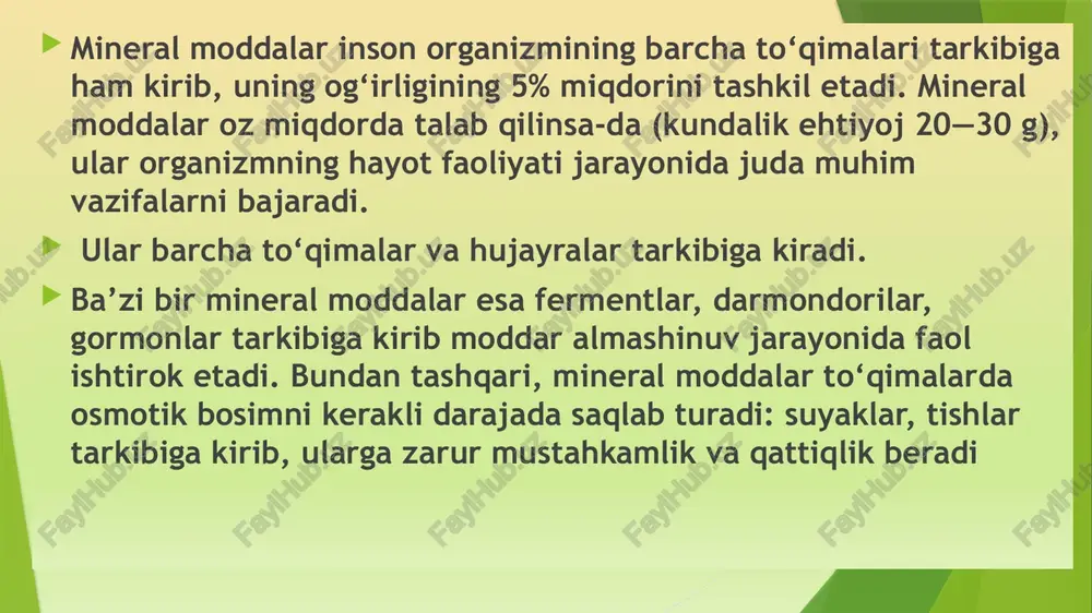 ahsulotlaridagi mineral moddalar miqdori to’grisidagi ma'lumot jadvalda keltirilgan. makroelementlar kalsiy (fosfor bilan birgalikda) suyak to’qimasining asosini tashkil qiladi, bir qator muxim fermentlarni faollashtiradi, 0rganizmda ion muvozanatini saqlashda ishtirok etadi, asab mushak va yurak-qon tomirlari sistemalarida boradigan jarayonlarga ta'sir qiladi. katta yoshdagi kishilarning kalsiyga bo'lgan bir kunlik talabi 800 mg. kalsiy ko'p miqdorda sutda (120mg%) va sut mahsulotlarida (pishloqda, 1000 mg% ga yaqin) uchraydi. kalsiyga bo'lgan talabning deyarli 4/5 qismi sut mahsulotlari hisobiga qondiriladi. ozuqaviy kalsiyning deyarli 10-40 % organizmga so'riladi. ayrim o'simlik mahsulotlarida kalsiyni surilishini kam aytiradigan moddalar mavjud. boshoqli o'simliklardagi fitin kislotalar va shaveldagi (ismaloqdagi) va shpinat (namatak)dagi shavel kislota ular qatoriga kiradi. bu kislotalarning kalsiy bilan uzaro ta'siri natijasida kalsiyning erim aydigan fitat oksalatlari (fitin va shavel kislotalar tuzlari) hosil bo'ladi va bu elementning surilish va hazm bo'lishi qiyinlashadi. fosfor-oqsillar, fosfolipidlar, nuklein kislotalar tarkibiga kiruvchi element. fosfor ko'proq miqdorda loviyada (540 mg %), nuxatda (330 mg %), suli, …