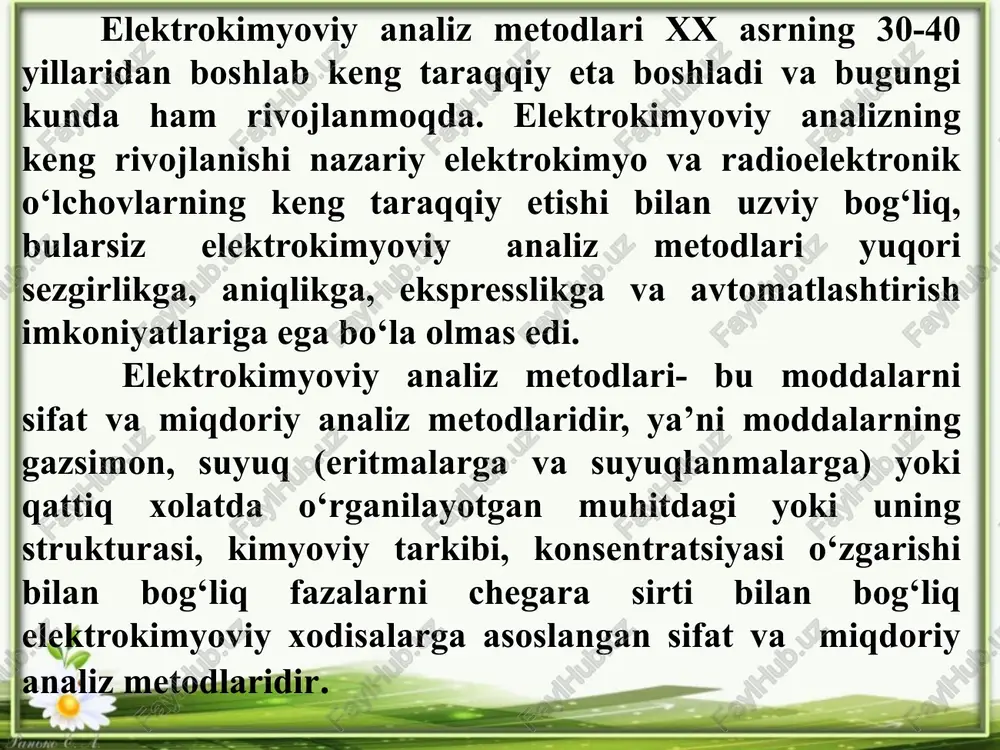 i boʻyicha, konduktometrik usulda esa eritmaning elektr oʻtkazuvchanligi oʻzgarishiga qarab aniqlanadi potensiometrik titrlash - usulida eritmadagi moddaning konsentratsiyasini aniqlash mumkin. konduktometriya usuli - eritmalarning elektr o’tkazuvchanligi tahlil qilish konduktometriya usullari konduktometrik analiz usullarining bevosita (to’g’ridan-to’g’ri) va bilvosita (to’g’ridan-to’g’ri bo’lmagan) turlari mavjud, lekin har ikkalasining negizida muayyan modda eritmasining elektr o’tkazuvchanligini aniqlash yotadi. amalda, ta’kidlash kerakki, bilvosita usul – konduktometrik titrlash kengroq ishlatiladi. konduktometrik titrlash hajm analizi usullaridan hisoblanib, unda eritmaning neytrallanish nuqtasi, odatdagidek indikatorlar bilan emas, balki o’rganilayotgan eritma elektr o’tkazuvchanligini bosqichma-boqich o’lchab topiladi. bundan tashqari, rangli yoki tiniq bo’lmagan (loyqalangan) eritmalarning ekvivalent neytrallanish nuqtasini amalda ishlatiladigan indikator birikmalar vositasida titrlab aniqlashning o’zi o’ta mushkul. konduktometrik usul bilan eritma titrlanganda uning qandaydir sabab loyqalanganligi yoki rangli bo’lishi elektr o’tkazuvchanligiga unchalik ta’sir eta olmaydi konduktometriya. bu termin fizik-kimyoviy kattaliklarni aniqlaydigan metodlar va elektrolitlar ya’ni suvli va suvsiz eritmalar kolloid eritmalar yoki suyuqlanmalar ko‘rinishidagi ion o‘tgazgichlar elektr o‘tkazuvchanligini (e.o‘) o‘lchashga asoslangan analiz …