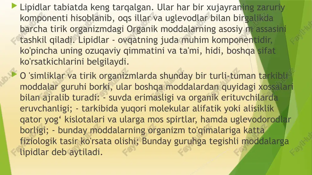fosfor, azot bilan bir qatorda ayrim hollarda oltingugurt saqlagan) 1.glitserin efirlari va yuqori molekulyarli yog' va fosfor kislotalari hisoblangan fosfotidlar. 2.fosfoinozitidlar - 6 atomli olitsiklik spirt inozit va yog'lar qatoridagi aminospirt (xolin, kalamin), fosforli va bir va 2 atomli yog'lar hisoblangan efirlar. 3.sfingomielinlar - aminospirtlarning 2 ta molekulasini saqlagan va fosforli va yog' kislotalari hisoblangan efirlar. 4.glikozidolipidlar - yuqori molekulyarli yog' kislotalari aminospirtlar birikishidan hosil bo'lgan galakzotozalar. yog'lar lipidlarning katta qismi bo'lgan, yog' kislotalarining glitseridlari organizm hujayrasi to'qimalari ichida va uning bir qancha suyuqliklarida asosan joylashgan bo'ladi. glitseridlar saqlagan hujayralarda asosan yog'li to'qimalar shaklida bir guruhga yig'iladi. lipidlar protoplazmadan adsorbtsiyalash jarayonida ham muhim rol' o'ynaydi. o'simlik moylari tarkibiga kiruvchi olein kislotasidan stakandagi suvning ustiga 1-tomchi shu yog' kislotasidan tomizsak unda ma'lum maydonda juda yupqa qatlam hosil qiladi. hosil bo'lgan plyonkani o'rganish natijasi shuni ko'rsatadiki - olein kislotasining malekulalari suv yuzasiga nisbatan aniq ko'rinishda joylashgan. bundan shuni tushunish mumkinki olein kislotasi …