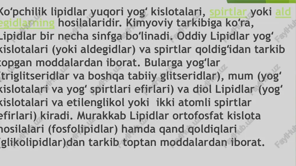 t lipidlari tarkibida triglitseridlar ko‘p bo'ladi. fosfolipidlar, sterinlar va boshqa lipidlar qisman kam ishlatiladi. ovqat hazm qilish yo‘lida lipidlar almashinuvining boshlang‘ich bosqichi boshlanadi. bu bosqichda murakkab lipid molekulalari ozroq murakkab holatga aylantirilib, ichakning shilliq pardalari orqali so‘riladi. ovqat bilan tushgan triglitseridlarning ko‘p qismi ichakda monoglitseridlarga va yog kislotalariga parchalanadi. yoglarning gidrolizi oshqozon osti bezi shirasi va ingichka ichak shilliq pardasi lipazasi ta’sirida boshlanadi. 0‘t kislotasi tuzlari yog'larni parchalash jarayonini quvvat - lab, ularni emulsiya holatiga olib kelib qolmasdan, lipaza fermentini ham faollashtirib beradi. steridlar parchalanishi oshqozon osti shirasi bilan ajralib chiqqan xolesterinesteraza fermenti ta’sirida ichakka o‘tadi. steridlarning gidrolizi natijasida yog‘ kislotalari va xolesterin hosil bo‘ladi. fosfolipidlar gidrolitik fermentlar — maxsus fermentlar fosfolipazalar ta’sirida to‘liq yoki bir qismi parchalanadi. fosfolipidlarning to‘liq parchalanishidan glitserin, yog‘ kislotalari, fosfor kislotasi va azot asoslari hosil bo'ladi. lipidlarning parchalanishidan hosil bo‘lgan va parchalanmagan yog‘lar odamning oshqozon-ichak yo‘lida quyidagi ketma-ketlik bo‘yicha so'riladi. ovqat qabul qilingandan keyin so‘rilish …