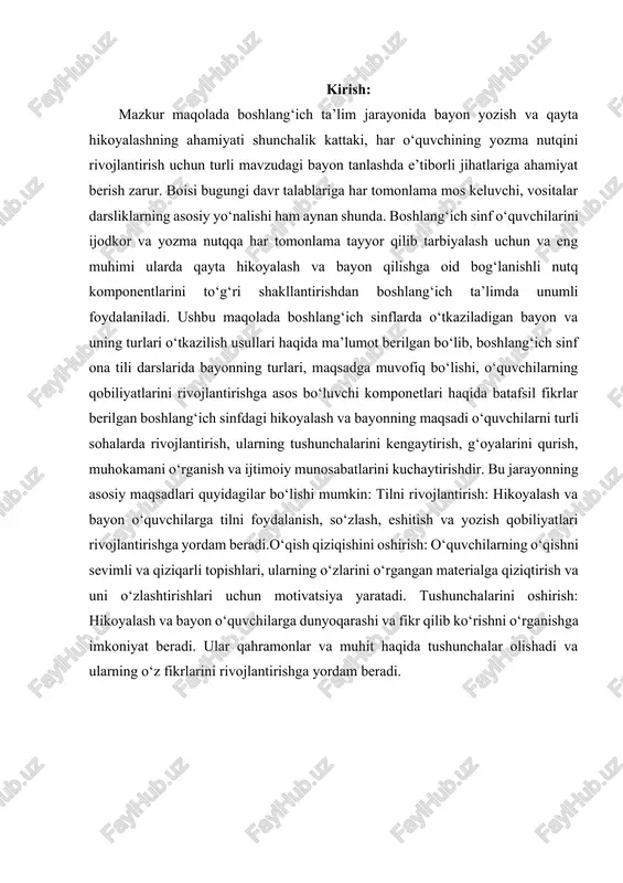 tn mazmunini ma’lum tayyorgarlikdan soʻng yozma qayta hikoyalashdir. oʻqish darslarida matn ustida ishlash, oʻqilgan matn yuzasidan savollarga javob berish, reja tuzish va u asosida ogʻzaki qayta hikoyalash bolalarni bayon yozishga tayyorlaydi. qayta hikoyalashning turlari xilma xildir. har qanday qayta hikoya qilingan matn yuzasidan bayon yozish mumkin, ammo bayon yozish ogʻzaki qayta hikoyalashga nisbatan qiyin va murakkab faoliyatdir. bundan tashqari, boshlangʻich sinf oʻquvchilarining yozish sur’ati sekin, shunga koʻra bayon uchun kichik hajmdagi, kompozitsiyasi sodda, til jihatdan ham mos keluvchi matn tanlanadi. bayon matni asta-sekin murakkablashtira boriladi: avval hikoya tarzidagi bir lavhani ifodalovchi matn tanlansa, unga yana lavhalar, tasvir elementlari kiritib boriladi, qatnashuvchilar soni orttiriladi, muhokama elementlari ham qoʻshiladi; keyinroq shaxsini oʻzgartirib bayon yozishga oʻtiladi. shunday qilib, bayon asta-sekin ijodiy tus ola boradi. boshlangʻich sinflar ona tili dasturiga koʻra, 2-sinfda hajm jihatdan katta boʻlmagan (30-40 soʻzli) matn yuzasidan oʻqituvchi yordamida soʻroqlar asosida bayon yozish, 3-sinfda 40-60 soʻzdan iborat matnning mazmunini jamoa boʻlib …