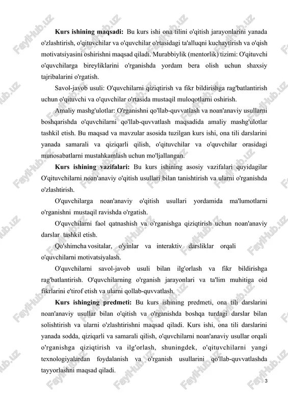 , o‘quvchilarning qobiliyatlarini rivojlantirishga asos bo‘luvchi komponetlari haqida batafsil fikrlar berilgan boshlang‘ich sinfdagi hikoyalash va bayonning maqsadi o‘quvchilarni turli sohalarda rivojlantirish, ularning tushunchalarini kengaytirish, g‘oyalarini qurish, muhokamani o‘rganish va ijtimoiy munosabatlarini kuchaytirishdir. bu jarayonning asosiy maqsadlari quyidagilar bo‘lishi mumkin: tilni rivojlantirish: hikoyalash va bayon o‘quvchilarga tilni foydalanish, so‘zlash, eshitish va yozish qobiliyatlari rivojlantirishga yordam beradi.o‘qish qiziqishini oshirish: o‘quvchilarning o‘qishni sevimli va qiziqarli topishlari, ularning o‘zlarini o‘rgangan materialga qiziqtirish va uni o‘zlashtirishlari uchun motivatsiya yaratadi. tushunchalarini oshirish: hikoyalash va bayon o‘quvchilarga dunyoqarashi va fikr qilib ko‘rishni o‘rganishga imkoniyat beradi. ular qahramonlar va muhit haqida tushunchalar olishadi va ularning o‘z fikrlarini rivojlantirishga yordam beradi. i bob. to’liq yoki matnga yaqinlashtirib qayta hikoyalash va bayonning ilmiy adabiyotlardagi tahlili 1.1 bayon ishlarining metodik tavsifi va ta’limdagi maqsadi til zarur ijtimoiy hodisa sifatida inson ongida mavjud. shuning uchun ayrim jihatlari bilan qulay va oson boʻlsa, ayrim jihatlari bilan qiyin va murakkabdir. oʻrta umumta’lim maktablarida davlat …