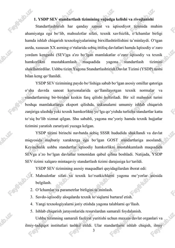 kuchayishiga olib kelgan. ysdp tizimi standartlarni ishlab chiqish jarayonining qat’iy tartiblarini ham belgilab qo‘ydi. standartlarni ishlab chiqishda ilmiy-tadqiqot muassasalari, loyihalash tashkilotlari, korxonalar va davlat idoralari ishtirok etgan, me’yoriy hujjatlar bir necha bosqichli ekspertiza va tasdiqlash jarayonidan o‘tgan. shu bilan birga, ysdp sev tizimi xalqaro standartlash tizimlari bilan ham o‘zaro taqqoslab borilgan. ayniqsa, iso (international organization for standardization) standartlari bilan uyg‘unlik masalasi muhim o‘rin tutgan, chunki xalqaro savdo munosabatlarida texnik moslik asosiy talab sifatida qaralgan. 1991 yildan keyin sev tiziminig parchalanishi natijasida standartlash jarayonlarida o‘zgarishlar yuz berdi. har bir davlat o‘zining milliy standartlar tizimiga o‘tdi. biroq ysdp tizimi asosida ishlab chiqilgan ko‘plab standartlar bugungi kunda ham o‘zbekiston, qozog‘iston, belarus, rossiya va boshqa mdh davlatlari sanoatida qo‘llanilib kelmoqda. hozirgi kunda ysdp sev merosi o‘zbekiston standartlash tizimida ham davom etmoqda. bizda amaldagi o‘zdst standartlarining katta qismi sobiq gost standartlarining modernizatsiya qilingan variantlaridan iborat. shu bilan birga, zamonaviy sanoat rivoji talablariga ko‘ra, milliy standartlarni …