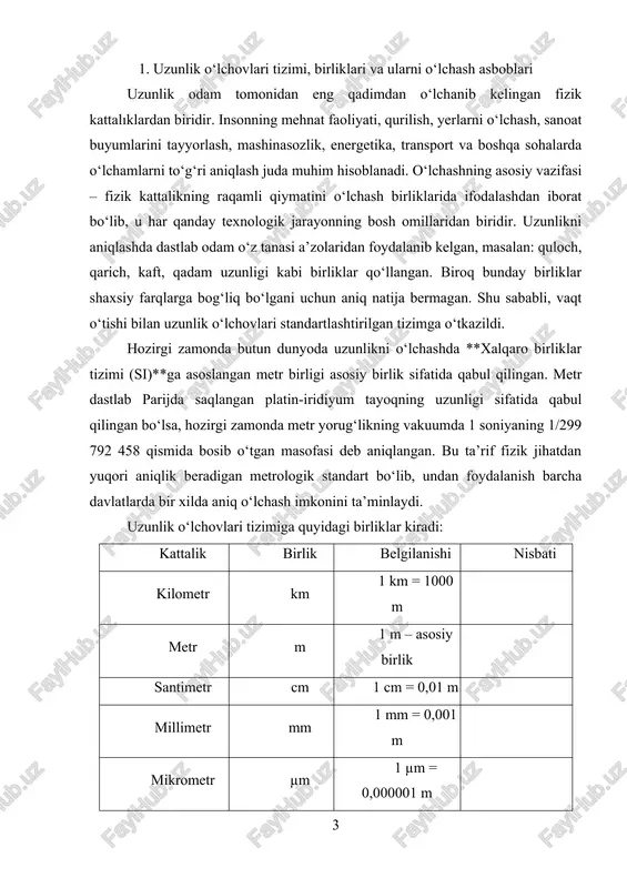 lan solishtirish va uning aniqlik kelasini tasdiqlash jarayonidir. kalibrlangan asboblar o‘lchashda ishonchli natija beradi va sifat nazoratining to‘g‘ri olib borilishini kafolatlaydi. kalibrlanmagan asbob esa xatolikni oshirib, detallar o‘lchamlarining dopuskdan chiqishiga sabab bo‘lishi mumkin. uzunlik o‘lchovlari tizimi mashinasozlikda, qurilishda, ilmiy izlanishlarda va texnik nazoratda muhim o‘rin tutadi. o‘lchov birliklarining standartlashtirilgan bo‘lishi global texnologik integratsiyani ta’minlaydi. o‘lchov asboblarining to‘g‘ri tanlanishi, ulardan to‘g‘ri foydalanish va kalibrlash esa o‘lchash natijalari ishonchliligini oshiradi. bu esa o‘z navbatida, ishlab chiqarilayotgan buyumlarning sifatini ta’minlaydi va mexanizmlarning ishonchli ishlashi uchun zamin yaratadi. 2. burchak o‘lchovlari, gradus, radian va gon tizimlari hamda aniqlash usullari burchak – bu ikki to‘g‘ri chiziqning yoki tekislikdagi ikki yo‘nalishning umumiy boshlanish nuqtasidan ajralib chiqish holati bilan aniqlanadigan geometrik kattalikdir. burchak o‘lchash insoniyat tarixida qadimdan muhim ahamiyatga ega bo‘lgan, chunki yer o‘lchash, qurilish, astronomiya, optika, navigatsiya, mexanika va mashinasozlik sohalarida burchaklarni to‘g‘ri o‘lchash orqali aniq natijalarga erishish mumkin. zamonaviy muhandislikda burchak o‘lchovlari nafaqat geometrik shakllarni …