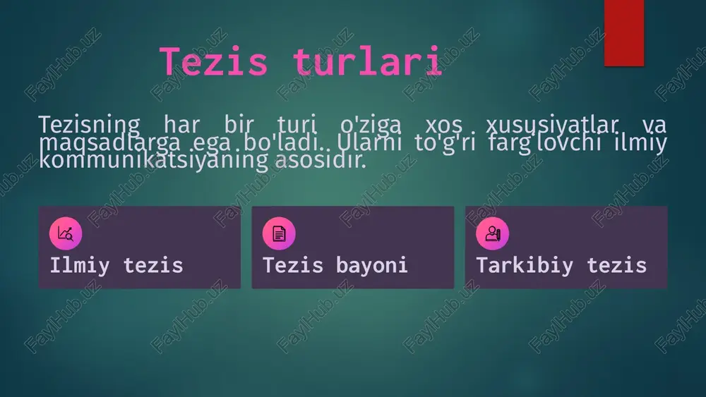 aniqlash nima qilmoqchi ekanligimizni va qaysi chegaralarda ekanligimizni tushunish reja tuzish jadval, byudjet, resurslar va risklarni boshqarish strategiyasini ishlab chiqish yakuniy natijani topshirish natijalarni tahlil qilish va darslarni o'rganish 19 loyiha hayot aylanishi va boshqaruv tamoyillari bosqichlar boshlanish — loyiha taqdim etiladi rejalashtirish — strategiya ishlab chiqiladi bajarish — ishlar boshlandi nazorat — taminotni kuzatish yakunlash — natijalar tahlili 20 xulosa: loyiha muvaffaqiyati uchun nima kerak? aniq maqsad buziladigan va o'lchanadigan nishonalar belgilash puxta reja tafsilot bilan rejalashtirish va vaqt jadvali resurslar jamoa, moliya va vositalarni samarali boshqarish nazorat doimiy kuzatish va o'zgarishlarni boshqarish 21 etiboringiz uchun rahmat! 22 image6.png image7.png image8.png image9.svg image10.png image11.svg image12.png image13.svg image14.png image15.png image16.svg image17.png image18.svg image19.png image20.svg image21.png image2.png image3.png image4.png image5.png