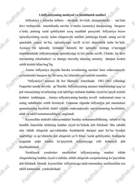 sharoitida inflyatsiya darajasi necha yilda ikki baravarga oshishini aniqlash imkonini beradi. buning uchun 70 ni yillik inflyatsiya darajasiga bo’lish kifoya: real yaim va jamg’armaning necha yildan so’ng ikki marta oshishini hisoblash zarur bo’lgan hollarda ham «70-miqdor qoidasidan» foydalaniladi. narxlar ikki martaga 70 oshishi uchun zarur = ---------------------- yillar soni  misol uchun, yillik inflyatsiya darajasi 7 % ga teng bo’lsa, taxminan 10 yilda narxlar ikki martaga oshadi, ya’ni, (70:7 = 10). inflyatsiyaning turlari. talab va taklif inflyatsiyasi odatda inflyatsiyani ikki xilga talab inflyatsiyasi va taklif inflyatsiyasiga ajratiladi. talab inflyatsiyasi - bu iqtisodiyotda talab keskin oshib ketishi va uni ishlab chiqarishning real hajmi bilan qondirish mumkin bo’lmay qolgan sharoitlarda kelib chiqadi. ya’ni, to’liq bandlilikka yaqin sharoitda iqtisodiyotning ishlab chiqarish imkoniyatlari o’sib borayotgan yalpi talabni qondirolmaydi. ortiqcha talab esa real tovarlar narxining ko’payishiga iqtisodiy bosim beradi va talab inflyatsiyasi kelib chiqadi. yoki, oddiy so’zlar bilan aytganda, «xaddan ziyod pullar haddan kam tovarlarni …