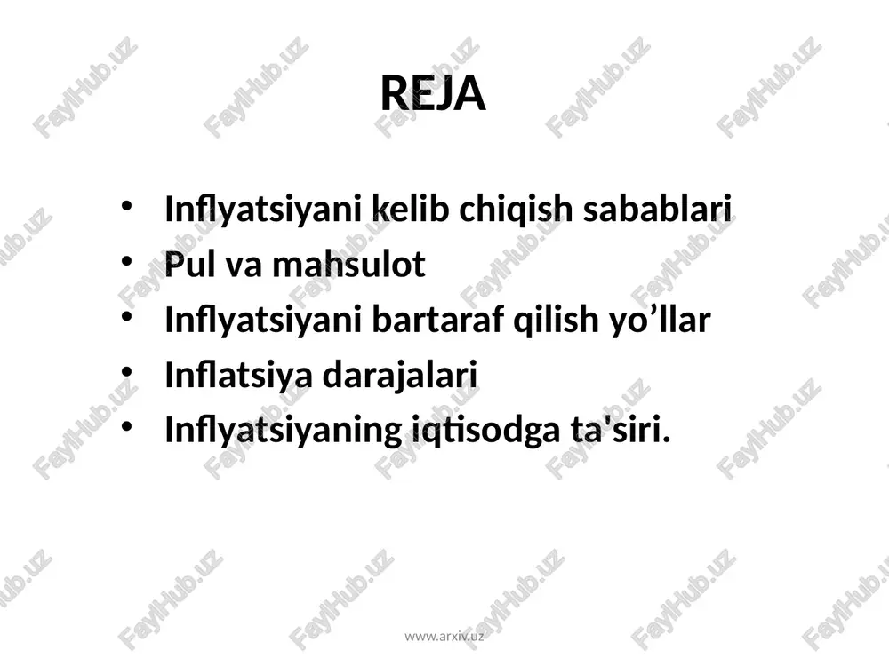 ilishi natijasida inflyatsiyaning tashqi omillariga www.arxiv.uz jahon iqtisodida bo`lgan krizislar davlatning boshka davlatlar bilan tashki iktisodiy faoliyati pul aylanmasi davlatning valyuta siyosati oltin va valyuta zaqiralari bilan buladigan nokonuniy operatsiyalar va boshkalar bulishi mumkin. ijtimoiy ishlab chikarish rivojlanishida yuzaga keluvchi disproportsiyalar sababli tovarlar va xizmatlar baxosin qonuniy buzilishi kreditlashda avtomatizmga yul kuyish za boshkalar kiradi www.arxiv.uz inflyatsiyaning asosiy sababi - bu xalq xo`jaligining turli sohalari o`rtasida vujudga kelgan nomutanosiblikdir. bu avvalam bor jamg`arma va iste'mol o`rtasidagi, talab va taklif, davlatning daromaddari va xarajatlari o`rtasidagi muomaladagi pul massasi va xo`jaliklarning naqd pulga bo`lgan talabi o`rtasidagi nomutanosibliklardan iboratdir www.arxiv.uz inflyatsiyani yuzaga keltiruvchi omillarga qarab uning sabablarini ichki va tashqi sabablarga bulish mumkin. inflyatsiyani yuzaga keltiruvchi omillarga qarab uning sabablarini ichki va tashqi sabablarga bo`lish mumkin. davlat byudjetning defitsiti davlat qarzlarining o`sishi pul emissiyasi pul muomalasi qonunining buzilishi tovar va xizmatlar bahosining uzluksiz va tartibsiz o`sib borishi natijasida pulning qadrsizlanishi va uning sotib …