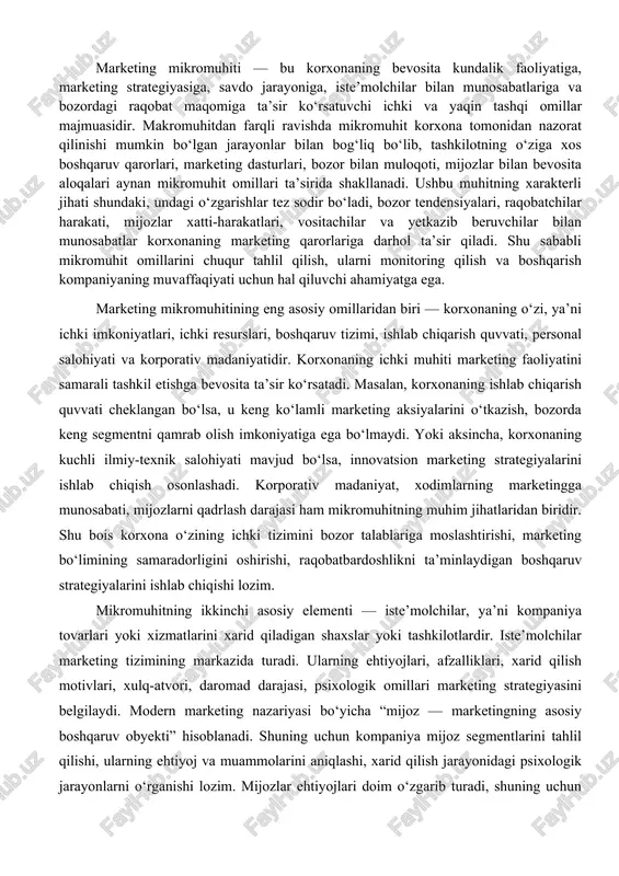 yondashuvlari, swot tahlili, marketing byudjeti, iste’molchilar bilan munosabatlarni boshqarish tizimi o‘rganiladi. raqobat muhiti qanchalik kuchli bo‘lsa, marketing faoliyati shunchalik murakkablashadi. korxona o‘z mahsulotini bozorda muvaffaqiyatli joylashtirish uchun raqobatchilarga nisbatan ustunlikka ega bo‘lishi, ya’ni narx, sifat, servis, dizayn, qulaylik, innovatsionlik jihatidan farqlanishi zarur. differensial ustunlik marketingning asosiy maqsadlaridan biri bo‘lib, raqobatchilar monitoringi doimiy amalga oshirilishi lozim. marketing mikromuhitining to‘rtinchi elementi — yetkazib beruvchilar. yetkazib beruvchilar kompaniyaning resurslar bilan ta’minlanishini tashkil qiladi. ular korxonaning ishlab chiqarish jarayonida asosiy rol o‘ynaydi, chunki xom ashyo, materiallar, texnikalar, logistika xizmatlari yetkazib beruvchilar tomonidan ta’minlanadi. yetkazib beruvchilar bilan barqaror munosabat kompaniyaning ishlab chiqarish jarayonini to‘xtamasdan davom ettirishiga, mahsulot sifatini saqlab qolishiga va bozor talablariga mos mahsulot bozoriga tez yetkazib berishiga imkon beradi. agar yetkazib beruvchi o‘z majburiyatini vaqtida bajarmasa, kompaniya ishlab chiqarishda to‘xtalishga duch keladi, bu esa mijozlar noroziligiga, daromadning kamayishiga va raqobatbardoshlikning pasayishiga olib kelishi mumkin. shuning uchun yetkazib beruvchilarni baholash, ularning ishonchliligini tekshirish, uzoq …