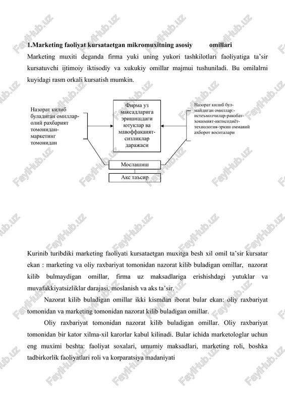 aqobatchilar ham mikromuhitning eng muhim omillaridan biridir. har bir korxona bozorda o‘z o‘rnini saqlab qolish uchun raqobatchilarining strategiyalarini tahlil qilishi zarur. raqobatchilarning narx siyosati, mahsulot sifati, reklama uslublari, mijozlarga xizmat ko‘rsatish darajasi kompaniyaning o‘z faoliyatini qay tarzda yo‘naltirishini belgilaydi. kuchli raqobat muhiti innovatsiyalarni rag‘batlantiradi, mahsulot sifatini oshiradi va narxni muvozanatda ushlab turadi. shu sababli, har bir marketing bo‘limi swot-tahlil (kuchli va zaif tomonlar, imkoniyatlar va tahdidlar) orqali o‘z afzalliklarini va raqobatbardoshligini baholashi lozim. yetkazib beruvchilar — marketing tizimining ajralmas bo‘g‘ini bo‘lib, ular korxonani ishlab chiqarish uchun zarur bo‘lgan xom ashyo, material va texnologiyalar bilan ta’minlaydi. yetkazib beruvchilar bilan o‘zaro ishonchli hamkorlik o‘rnatish marketing faoliyatining barqarorligini ta’minlaydi. agar yetkazib beruvchilar o‘z majburiyatlarini vaqtida bajarmasa, mahsulot ishlab chiqarish kechikadi, bu esa mijozlarning noroziligiga olib keladi. shu sababli korxona yetkazib beruvchilarni tanlashda ularning ishonchliligi, narx siyosati, logistika tizimi va xizmat ko‘rsatish sifatini diqqat bilan tahlil qiladi. mikromuhitning navbatdagi muhim tarkibiy qismi vositachilardir. ular …
