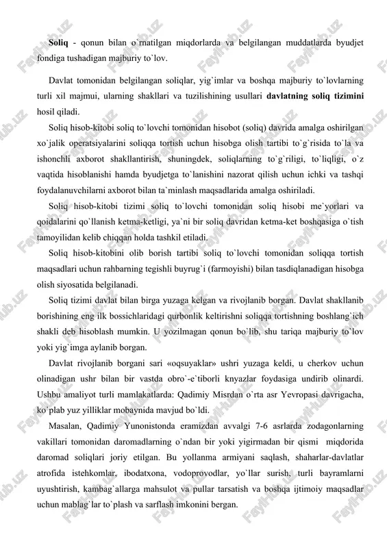 lovchi. soliq yordamida milliy daromad taqsimlanadi va qayta taqsimlanadi. · ijtimoiy - soliq imtiyozlari hisobiga ijtimoiy infratuzilma obyektlari qo`llab-quvvatlanadi (ayrim jismoniy va yuridik shaxslarni soliqdan ozod etish). · nazorat - soliqlar yordamida korxonalarning faoliyatini nazorat qilish, xarajatlar va foydani shakllantirish amalga oshiriladi. tartibga soluvchi va rag`batlantiruvchi funksiyalar iqtisodiy funksiyalar deb ataladi. soliqlar funksiyasining bunday chegaralanishi maqsadli xarakter kasb etadi, chunki uning barcha funksiyalari bir-biri bilan chatishib ketadi va bir vaqtning o`zida amalga oshiriladi. soliq kategoriyasi namoyon bo`lishining aniq shakllari qonun chisaruvchi hukumat organlari belgilaydigan soliq to`lovlari turlaridir. bugungi kunda soliq tizimi bozor munosabatlari boshlanishini mustahkamlashga amaliy ta`sir etish, tadbirkorlikni rivojlantirishga ko`maklashish va bir vastning o`zida aholining past daromadli qatlamlarining ijtimoiy qashshoslashish yo`liga to`sis bo`lib xizmat qilishga yo`naltirilgandir. soliqlar davlat faoliyatining barcha yo`nalishlarini moliyalashtirishning asosiy manbalaridan biri va davlatning ustuvor yo`nalishlarini amalga oshirishning iqtisodiy vositasidir. iqtisodiyotni davlat tomonidan tartibga soliq davlat byudjetini shakllantirish, jamiyatdagi u yoki bu jarayonlarni soliqqa tortish vositasida …