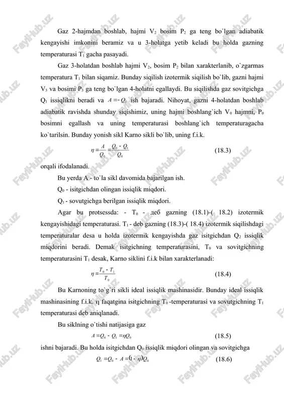 qaytuvchanlikka nisbatan aksincha yo`nalishda amalga oshirish karno ideal sovuqlik mashinasi bo`ladi. uning sxemasi quyidagicha 18.2-rasm (18.7) isitgichga (18.8) issiqlik miqdoori beriladi. karno aks siklning (ideal sovuqlik mashinasining) ishlash sxemasi 18.2-rasmda keltirilgan. yuqorida bayon qilingan barcha xulosalarni chiqarishda biz karno sikli ideal gaz ustida bajarildi, deb faraz qildik. ammo termodinamikaning ikkinchi bosh qonunidan foydalanib, ixtiyoriy ishlovchi modda ustida bajarilgan qaytuvchan karno siklning foydalanish koeffitsienti ideal gaz ustida bajarilgan karno siklning foydali ish koeffitsientiga tengligini ko`rsatish mumkin. _1197004531.unknown _1197005010.unknown _1197005218.unknown _1197005607.unknown _1197005648.unknown _1197005148.unknown _1197004688.unknown _1197003931.unknown _1197004309.unknown _1197003702.unknown 0 1 0 0 q q q q a - = = h a q q - = 0 1 0 1 q a = 1 q a - = 0 1 0 0 q q q q a - = = h 0 1 0 t t t - = h 0 1 0 q q q a h = - = ( ) …