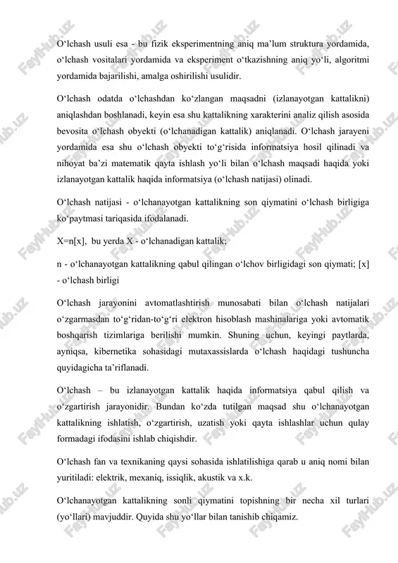 lchash - o‘lchanayotgan kattalikning qiymatini tajriba ma’lumotlaridan bevosita topish. masalan, oddiy simobli termometrda yoki lineyka yordamida o‘lchash. u = s∙x; bunda: u - muayyan birlikda ifodalanyotgan o‘lchanayotgan kattalikning qiymati; s - shkalaning bo‘lim qiymati; x - shkaladan olingan qaydnoma. bilvosita o‘lchash - bevosita o‘lchangan kattaliklar bilan o‘lchanayotgan kattalik orasida bo‘lgan ma’lum bog‘lanish asosida katalikning qiymatini topish. masalan, tezlikni o‘lchash. u = f (x1 x2 ...xn). majmuiy o‘lchash - bir necha nomdosh kattaliklarning birikmasini bir vaqtta bevosita o‘lchashdan kelib chiqqan tenglamalar tizimini yechib, izlanayotgan qiymatlarni topish. masalan, har xil tarozi toshlarining massasini solishtirib, bir toshning ma’lum massasidan boshqasining massasini topish uchun o‘tkaziladigan o‘lchashlar, haroratni qarshilik termometri orqali o‘lchash. birgalikdagi o‘lchash - turli nomli ikki va undan ortiq kattaliklar orasidagi munosabatni topish uchun bir vaqtda o‘tkaziladigan o‘lchashlar. misol, rezistorning 20 0s dagi elektr qarshiligi qiymatini turli temperaturalarda o‘lchab topish. mutlaq o‘lchash - bir yoki bir necha asosiy kattaliklarni bevosita o‘lchanishini va (yoki) …