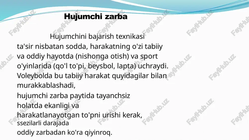 asalan, to‘pni belgilangan joyga yo‘naltirish yoki raqib maydonining zaif nuqtalariga urish mashqlari qo‘llanadi. servis faqat texnika emas, balki taktikaning ham bir qismidir. malakali o‘yinchi raqib jamoaning joylashuvini tahlil qilib, to‘pni ularning zaif joylariga yo‘naltiradi. ba’zi hollarda servisni sekin yoki kuchli berish orqali raqibning ritmini buzish mumkin. shunday qilib, servis o‘yinning strategik boshlanish nuqtasi bo‘lib, u to‘g‘ri bajarilsa, jamoaga katta ustunlik beradi. valeybol o‘yinida xavfsizlik ham muhim o‘rin tutadi. servis bajarishdan oldin isitma mashqlarini bajarish mushaklarni harakatga tayyorlaydi, jarohatlarning oldini oladi. mashg‘ulot jarayonida o‘yinchilar sport etikasi va jamoaviy intizomga rioya qilishlari zarur. har bir harakatda texnika madaniyati, ya’ni to‘g‘ri holat, muvozanat va estetik ifoda saqlanishi kerak. xulosa qilib aytganda, valeybolda to‘pni o‘yinga kiritish — bu o‘yin natijasiga bevosita ta’sir qiluvchi eng muhim texnik harakatlardan biridir. u o‘yinchining texnik mahorati, kuchi, aniqligi va taktik fikrlashini namoyon etadi. servisni mukammal o‘zlashtirgan jamoa o‘yinda tashabbusni o‘z qo‘liga oladi, raqibni himoyada qiynaydi va o‘yinni o‘z …