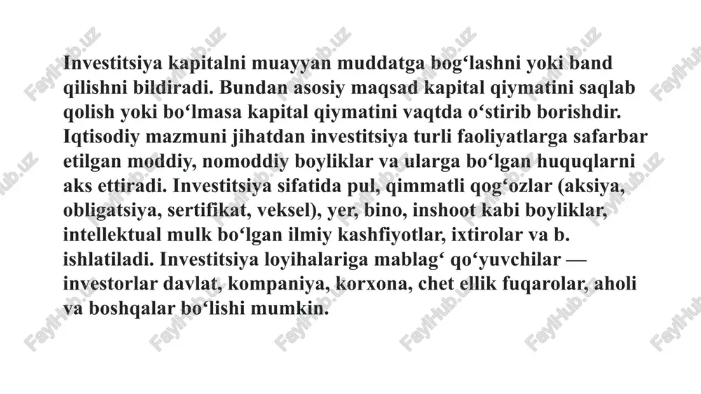 siyosatini tasdiqlashi yoki qo‘shimcha baholashni qoldiq summasini daromad schyotiga kreditlashi yoxud uni taqsimlanmagan foyda hisobiga o‘tkazishi kerak. bu hisob siyosati 3-sonli bhms “moliyaviy natijalar to‘g‘risida hisobot”ga muvofiq qo‘llanilishi kerak. agar qisqa muddatli moliyaviy investitsiyalar ikki qiymatning: xarid qiymati bilan bozor qiymatining eng kichigi bo‘yicha hisobga olinadigan bo‘lsa, uzoq muddatli moliyaviy investitsiyalarni qisqa muddatli (joriy) investitsiyalarga o‘tkazish ham ikki qiymat: xarid qiymati bilan balans qiymatining eng kichigi bo‘yicha amalga oshiriladi. agar uzoq muddatli moliyaviy investitsiyalar ilgari qayta baholangan bo‘lsa, ularni qisqa muddatli (joriy) investitsiyalar toifasiga o‘tkazishda va bu qisqa muddatli (joriy) moliyaviy investitsiyalar bozor qiymati bo‘yicha hisobga olingan bo‘lsa, qayta baholash qiymati balans qiymatidan chiqarib tashlanishi kerak. image1.jpg image2.jpg /docprops/thumbnail.jpeg