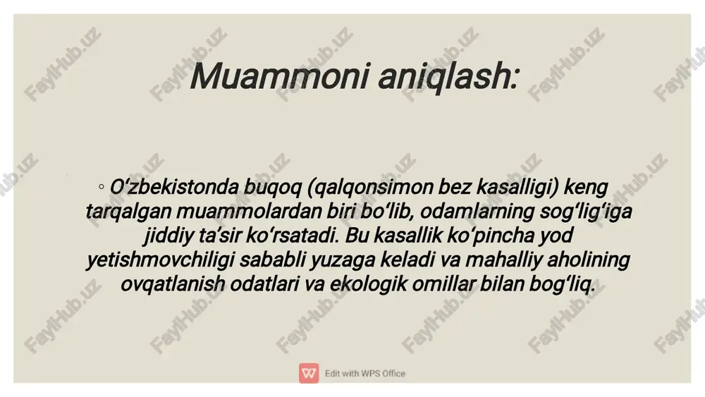 m ta’minlangan oilalarda yodlangan tuzdan foydalanmaslik.y odning ahamiyati bo‘yicha aholining xabardorlik darajasi pastligi. ekologik omillar: suv va tuproq tarkibida yod moddasi yetishmovchiligi. atrof-muhitning ifloslanishi.qishl oq hududlarida tabiiy yod manbalarining yo‘qligi.