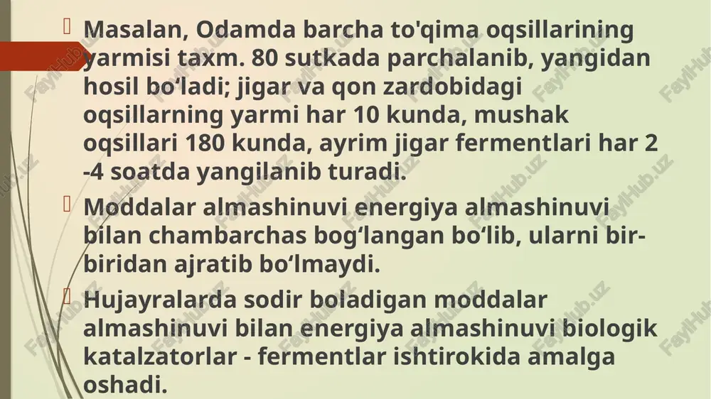 tashlash, buzish) — tirik organizmlarda murakkab organik birikmalarning parchalanishidan iborat moddalar almashinuvi reaksiyalarining majmui, anabolizmda qarama-qarshi jarayon. k.da odatda, energiya ajraladi. modda almashinuvi jarayoni ayrim bo'laklari va ishtirokchilarining o'zaro bog'liqligini ko'rsatuvchi misollarni juda ko'plab keltirish mumkin. organizmdagi moddalarning bir-biriga aylanishi faqat ulargagina bog'liq bo'lmay, balki ularni o'rab turuvchi atrof muhit sharoitlariga ham bog'liqdir. atrof muhit bilan doimiy modda almashinishi, organizmning o'ziga xos eng asosiy hususiyatidir. zamonaviy biokimyo tashqi muhitning organizmga, uning kimyoviy tarkibi va modda almashinuviga tasir qilishini ko'rsatuvchi ko'plab materiallarga ega. masalan, n.e.lyaskovskiyning 1865 yil, bug'doy tarkibidagi oqsil miqdoriga tabiat sharoitlari tasir qiladi, degan fikrini n.n.ivanov tasdiqladi. moyli urug'lardagi yog' kislotalarning tarkibiga o'simlikning qaysi geografik mintaqada va dengiz satxidan balandlikda yetishtirilganligining ta'siri bor ekanligi o'rganilgan. ayrim o'simliklarda tashqi muhit ta'sirida ma'lum moddalar sintezlanishi yoki umuman sintezlanmasligi mumkin ekan. tashqi muhitning ta'sirida - yorug'lik, temperatura va h.k.z. - ya'ni bir sutka davomida yoki vegetativ davri mobaynida, fermentlar aktivligining o'zgarishi kuzatilgan …