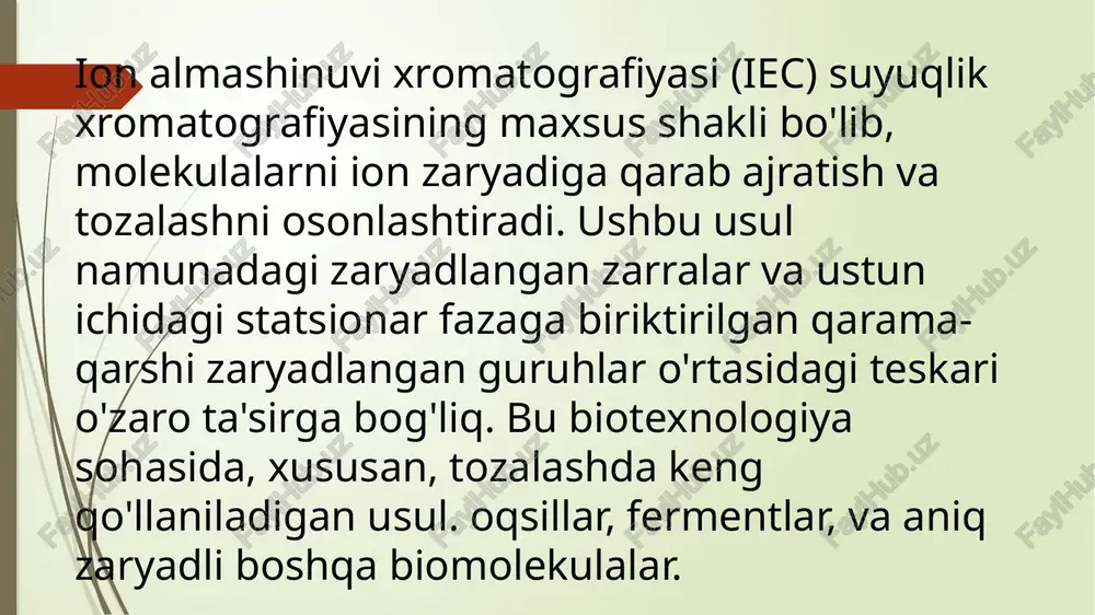 rning siljishi tufayli ajralib chiqadi, bunda bir yoki bir nechta ion turlari teng zaryadga ega ekanligi sababli, suyuqlikdan qattiqga almashinish yo'li bilan o'tadi. ushbu ionli turlar ion almashinuvini osonlashtiradigan elektrostatik o'zaro ta'sirlar yordamida sirtda joylashgan funktsional guruhlar bilan bog'lanadi. bundan tashqari, ionlarni ajratish samaradorligi moddalar almashinish tezligiga va har ikki faza o'rtasidagi muvozanatga bog'liq; ya'ni ushbu transferga asoslanadi. image1.png image2.png image3.png image4.png image5.png /docprops/thumbnail.jpeg