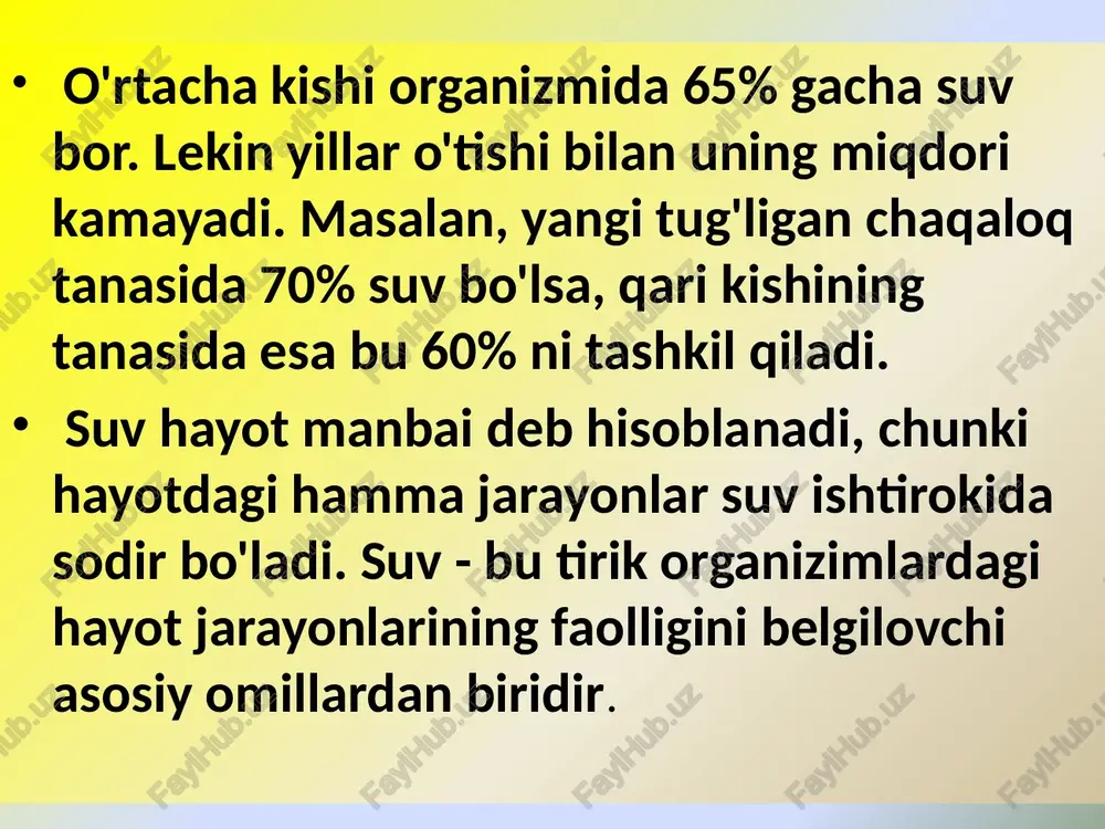 vjud. tabiiy tashnalik asosan qonning tarkibidagi suv miqdorini kamayishi va uning quyuqlashuvi bilan bog'liq. qon tomirlari retseptorlari orqali signal gipotalamusda joylashgan tashnalik markaziga yuboriladi. gipotalamusni qo'zg'atish tashnalik hiyg'usini hosil qiladi. tashnalikni (chanqoqlikni) bosish uchun asosan tuzlangan, nordon, mineral suvlarni, mors, non kvasi, mevali ichimliklarni ichish tavsiya etiladi. yolg'on tashnalik - kishi og'zining shilliq pardasining qurishi bilan asoslangan bo'lib, ma'ruzalarni o'qish paytida, yuqori harorat paytida, vegetativ asab sistemasining simpatik boiimining qo'zg'alishi: asabni taranglashishi, stressli paytlarda hosil bo'lishi mumkin. ushbu holatlarda kishi organizmiga suyuqliklarni kiritilishining ham hojati yo'q. yolg'on tashnalik, so'lak sekresiyalariniqo'zg'atuvchilarni: nordon qandchilar, og'izni suv bilan chayqash, gazlashtirilgan suv ichish bartaraf etiladi. muz - bu suvning agregat holatidir. muzning 11 xil kristall modifikatsiyasi va amorf muz turlari mavjud. tabiatda muzning faqat bir shakli aniqlangan bo'lib, quyidagi ko'rsatkichlarga ega: zichligi 0,92 g/sm3; sig'dirish ko'rsatkichi 0°c haroratda 2,09 kdj/(k*k), erish issiqligi 324 kdj/kg. yerda 300 mln m3 ga yaqin muz bor. muz asosan …
