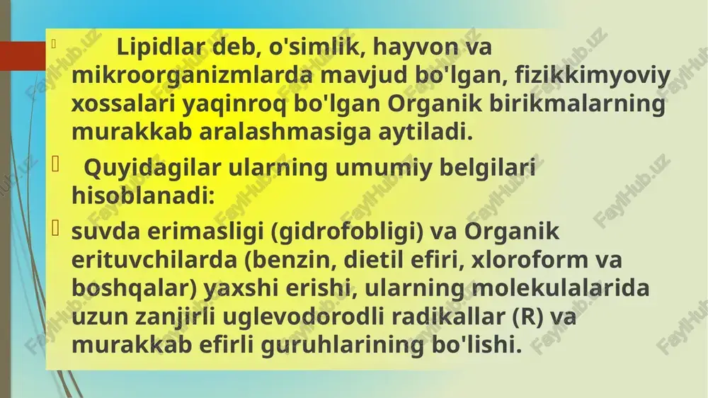 holda bo’lganligi sababli, ularning tomchilar sifatida yig'ilgan formalarini (zarralarini) hatto optik mikroskoplarda ham sezish juda qiyin. shunday yaxshi dispersiyalanganligi sababli, glitseridlar boshqa ko'pgina moddalarning juda katta umumiy yuzasi bilan ta'sirlasha oladilar, shu jumladan glitseridlar boshqa lipidlar bilan ham ta'sirlashuvi natijasida bu lipidlar glitseridlarda erigan holda bo'ladi. o'sim liklarning asosan urug'larida, ba'zi bir o'sim liklarning esa mevasi yoki tana po'stlog'ida yog'lar to'planadi. tarkibida yog' miqdori ko'p bo'lgan o'simlik urug'lariga yog'li (yoki moyli) urug'lar deb aytiladi. bunday urug'lar yog'-moy sanoati uchun asosiy xomashyo hisoblanadi. bularga misol qilib quyidagilarni keltirish mumkin: urug'lar tarkibidagi yog' miqdori (meva po'stlo g'isiz) paxta chigiti 17-29 %, kanakop 58-70%, (indov) 36-40 % ,kunjut-35-58 % o'simlik xom ashyosidan olinadigan yog 'la rg a o'simlik moylari (ba'zi hollarda o'sim lik yog'lari) deb ataladi. ular asosan yuqori molekular yog' kislotalarining glitserid laridan iborat bo'lib, neftni haydash natijasida olinadigan va uglevodorodlardan tashkil topgan mineral moylardan aynan shu bilan farq qiladi. murakkab lipidlar …