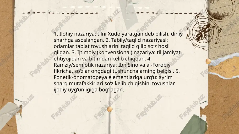 dislar ma’nolarni aniqlashda va lug‘aviy talqinlarda ishora sifatida ishlatilgan. tafsir va balag‘at orqali til qoidalari (nahv, sarf) ishlab chiqilgan. ijmo‘ va qiyas orqali shariat va adabiy an’analar til shakllanishida muhim omil sifatida qaralgan. sharq mutafakkirlarining til shakllanishiga oid qarashlari qilicheva farangiz e'tiboringiz uchun raxmat! image1.png image2.png image3.png /docprops/thumbnail.jpeg