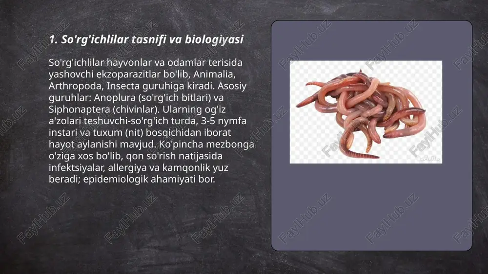 a: uy hayvonlarini dehelmintizatsiya, shaxsiy gigiena va tuproqni ifloslanishini oldini olish. ... t.me/slaydai_bot 7. so'rg'ichlarning hayot tsikli va oraliq mezbonlari 1. so'rg'ichlarning hayot tsikli to'g'ridan-to'g'ri (monoxen) yoki bilvosita (heteroxen) bo'ladi. 2. to'g'ridan-to'g'ri tsiklda tuxum→larva→kamol shaxsiyat, oraliq mezbon yo'q. 3. bilvosita tsiklda tuxum→miracidium yoki larva→oraliq mezbon (mollyusk, hasharot, baliq, sut emizuvchi)→metacerkarion yoki yaplovchi bosqich→definitiv mezbon: inson yoki yovvoyi hayvon. 4. oraliq mezbonlar trematodlarda mollyusk, cestodalarda baliq/ho'l go'sht, nematodlarda hasharotlar bo'ladi. 5. oraliq mezbonlar parazit tarqalishi va profilaktikani belgilaydi. ... t.me/slaydai_bot so'rg'ichlilar orqali yuqum yo'llari: bevosita tishlash, teri shikastlanishi orqali qoniy kontakt, fekal-oral ifloslanish, kontaminatsiyalangan buyumlar bilan aloqa. transmissiya mexanizmlari: vektor salivasi orqali patogen uzatilishi, regurgitatsiya, transstadial va transovarial o'tish, kontaminatsiya va inhalasyon. xavf omillari: zich aholi, yomon sanitariya, ochiq suv havzalari, iqlim o'zgarishi, hayvonlar bilan yaqin aloqa, himoyasiz tashqi faoliyat, immunitet pasayishi, vaksina va profilaktika yetishmasligi. ... t.me/slaydai_bot so'rg'ich infeksiyalarining klinik belgilari: terida qichishish, qizarish, papuloza va papulovezikulyar o'zgarishlar, ekzema va …