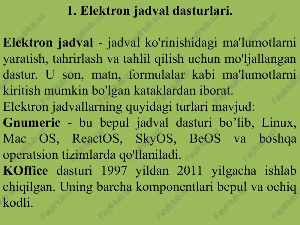 uchun varaq nomiga sichqonchaning o'ng tugmasi bosilib, kontekst menyu chaqiriladi va kerakli buyruq tanlanadi. 12 5) ish maydonidan pasytda holat satri joylashgan bo’lib, u yerda ish maydonidagi matn, son, formulalar to’g’risidagi ma’lumotlar, ma’lumot-larni ko’rish rejimlari, masshtab joylashgan. jadvalga yangi katak, ustun yoki satr o`rnatish uchun tugma-sidagi strelka bosiladi. natijada, muloqot oynasi paydo bo'ladi. agar yangi ustun qo'yish tanlansa, u joriy ustunning chap tomoniga, yangi satr qo'yish tanlansa, u joriy satrdan yuqoriga joylashtiriladi. ustun kengligini o'zgartirish uchun sichqoncha ko'rsatgichi ustunlar chegarasiga o`rnatiladi. natijada ko’rsatkich shaklni oladi. sichqonchaning chap tugmachasini bosgan holda gorizantal yo`nalishda tortiladi. satr balandliklari shunga o'xshash tarzda o'zgaradi. buning uchun satrlar orasidagi chegara chiziq sichqoncha yordamida kerakli yo`nalishda suriladi. jadvalga ma'lumot kiritish uchun kerakli katakka kursorni o'rnatib, klaviatura yordamida ma'lumotlarni kiritiladi. ma’lumot kiritilgach, pastdagi katakka o`tish uchun enter tugmasi, o'ngdagi katakka o'tish uchun tab tugmasi bosiladi. katak ustida turli xil amallar bajarish mumkin. agar kataklar guruhi ustida amallar bajarish …
