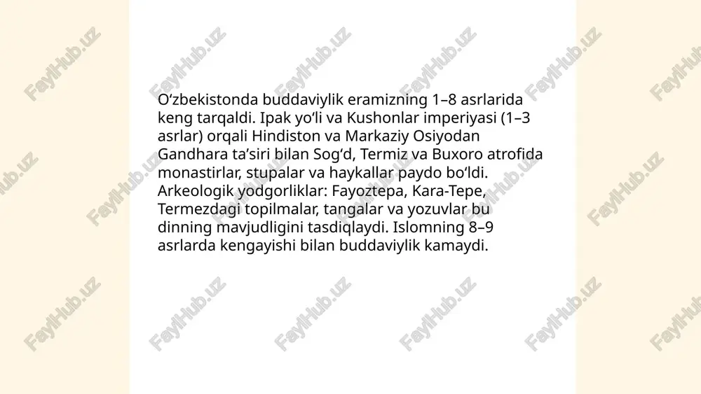 ddaviy manbalar sanskrit, prakit va boshqa tillarda asosan quyidagilardir: kharoshthi va brahmi yozuvidagi relikvariya va stele yozuvlari, gandhara paychalaridan chiqqan paxta va kalla varaqa matnlari, xotana va sogʻdiy tarjimalar, tochar tilidagi qoʻlyozmalar, shuningdek xitoy va tibet tarjimalari hamda palmvaraq sutralari. ushbu manbalar miloddan avvalgi 1-asrdan milodiy 8-asrgacha boʻlgan davrni qamrab olib, markaziy osiyoda buddaviy taʼlim va sanʼat tarqalishini aniqlashga yordam beradi. oʻzbekistonda buddaviylik dinining tarixiy ildizlari abdurafiyev otabek e'tiboringiz uchun raxmat! image1.png image2.png image3.jpg /docprops/thumbnail.jpeg