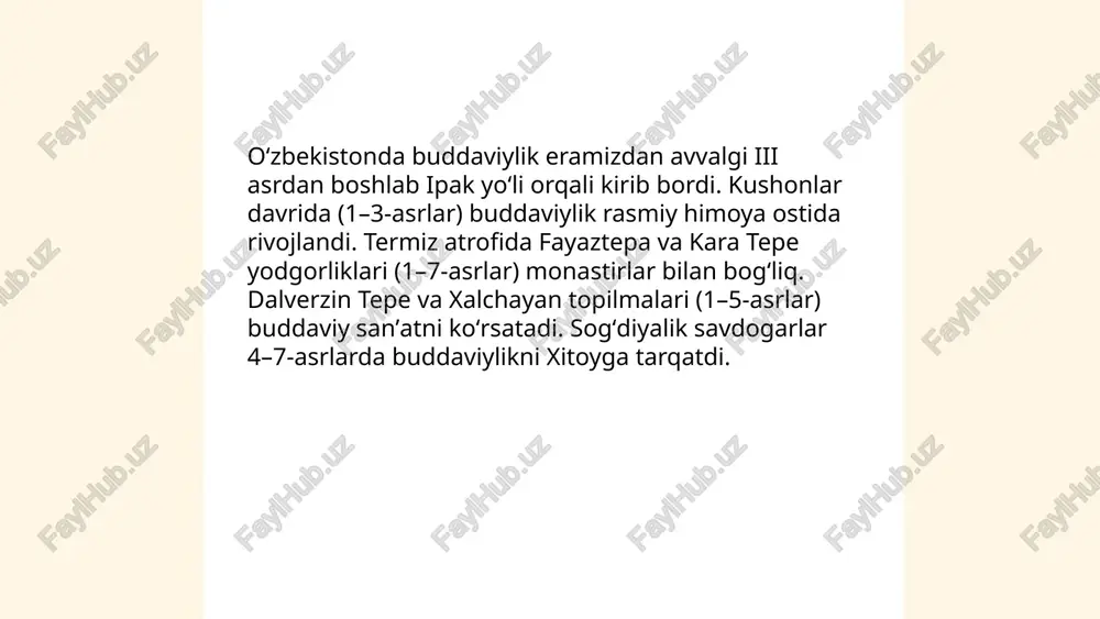 andhara va kushon taʼsiri bilan xususiy uslublar paydo bo‘ldi. materillar: tosh, gil, bronza va bo‘yalgan devor rasmlari. budda tasvirlarida ushnisha, urna, mudra, mandorla, lotos gulli motiffi va afsona suratlari keng qo‘llanilgan. bezaklarda greko-budhistik elementlar, hayvon va barg naqshlari, monastir interyerida rel’yef va panellar ko‘p uchraydi. datlash 1–7-asrlar, yodgorliklardan olingan parchalar o‘zbekiston va jahon muzeylarida saqlanadi. oʻzbekistonda buddaviylik dinining tarixiy ildizlari abdurafiyev otabek e'tiboringiz uchun raxmat! image1.png image2.png image3.jpg /docprops/thumbnail.jpeg