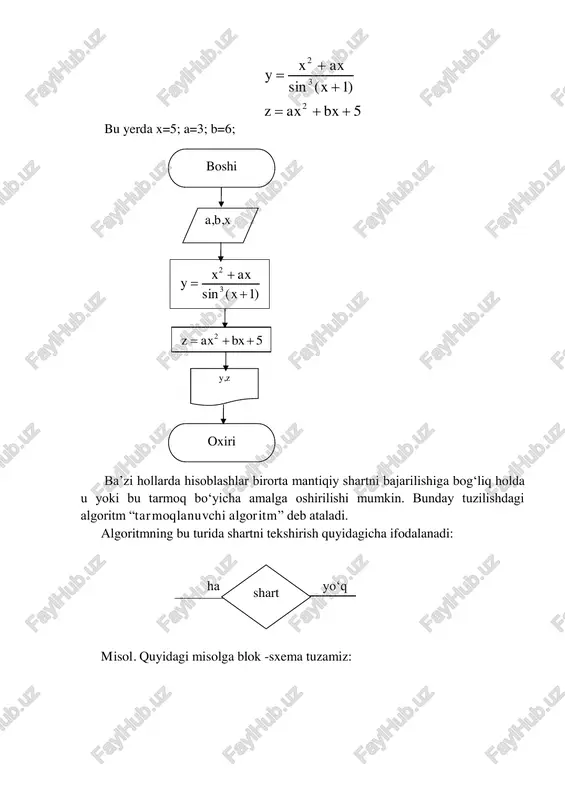 da a=1,2; b=3,2; x=4. 2-variant quyidagi misolni yechish uchun blok-sxema tuzing:              1 21 2 2log sin )1cos( 2sin 3 21 23 x x x x xe xxa z x x bu yerda a=4; x=5. 3-variant quyidagi misolni yechish uchun blok-sxema tuzing:             1 21 2 cos2sin )1(log 7 1 5 4 x x x xxx a xax z x tgx bu yerda a=5; x=2. 4-variant quyidagi misolni yechish uchun blok-sxema tuzing:             1 21 2 2 3 lg 4 54 1 46 3 x x x xx xxa z ax bu yerda a=5; x=4. 5-variant quyidagi misolni yechish uchun blok-sxema tuzing: 0 20 2 2)2( 5 1 1 3       …