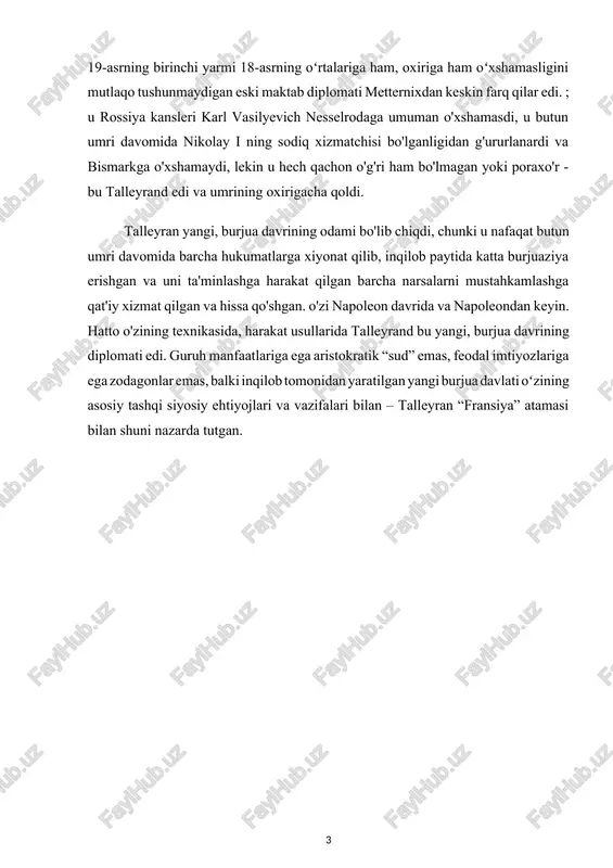 b qo'ydi, bola yiqildi va talleyrand umrining oxirigacha cho'loq bo'lib qoldi. bola parijdagi harkort kollejida ta'lim oldi.[footnoteref:1] atrofdagilar uning vazminligini va fikrlarini yashirish qobiliyatini qayd etdilar. “ehtiyotkorlik, ya’ni hayotingizning faqat bir qismini, fikringizni, his-tuyg‘ularingizni ko‘rsatish san’ati barcha fazilatlardan birinchisidir”, dedi u keyinchalik. 1770 yilda yosh perigor ota-onasining talabiga binoan sen-sulpis seminariyasiga o'qishga kirdi. talleyrand toʻrt yil seminariyada oʻqidi va sorbonnada oʻqishni tugatdi (1778). umrining oxirida talleyrand shunday deb yozgan edi: "mening butun yoshligim men tug'ilmagan kasbga bag'ishlangan edi". hali episkop unvonini olmagan talleyran 1780 yilda qirollik hukumati qoshidagi frantsiya ruhoniylarining agenti lavozimini egallab, cherkovning "moliya vaziri" bo'ldi, bu unga moliyaviy chayqovchilik orqali boyib ketish imkonini berdi. uning xarajatlari - ayollar, kartalar, qimmatbaho kiyimlar, do'stlar bilan uchrashuvlar, uy va kitoblar uchun - juda tez o'sdi. talleyrand “ruhoniylarning ajralmas huquqlari”ni qattiq himoya qildi. 1785 yilda frantsuz ruhoniylari yig'ilishi o'z agenti generalining hisobotini eshitdi. bordo chempioni arxiyepiskopi de size talleyrandning ishini yuqori baholadi. …