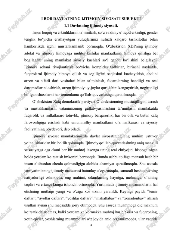 a muhtoj har bir oila va fuqaroning, xotin-qizlar, yoshlarning muammolari o‘z joyida aniq o‘rganilmoqda, ular vaqtida va samarali hal etilmoqda. bugungi kunda xalq farovonligini, odamlarning hayot darajasini har tomonlama oshirish, buning uchun yangi ish o‘rinlari, daromad manbalarini yaratish, kambag‘allikni qisqartirish, qishloq va shaharlarimizni obod qilish iqtisodiy strategiyamizning eng muhim yo‘nalishlaridan biri bo‘lib qolmoqda. keksalar, nogironlar, og‘ir ahvolga tushib qolgan insonlarni qo‘llab-quvvatlash, ularga mehr va muruvvat ko‘rsatish kabi ezgu an’analar bugungi kunda yangicha ma’no-mazmun, amaliy harakatlar bilan boyib, takomillashib bormoqda. bu borada, ayniqsa, “obod qishloq”, “obod mahalla”, “besh muhim tashabbus”, “har bir oila – tadbirkor”, “yoshlar – kelajagimiz” kabi dasturlar o‘z ijobiy natijasini bermoqda. birgina “obod qishloq” va “obod mahalla” dasturlari doirasida 2021 yilda barcha shahar va tumanlardagi jami 8 mingga yaqin qishloq va mahallada qurilish, ta’mirlash va obodonlashtirish ishlari amalga oshirilmoqda.[footnoteref:1] [1: dergechev v. geopolitika. o‘quv qo‘llanma. – m., 2000. ] ta’kidlash kerakki, milliy tariximizda qishloq va mahallalarimizni obodonlashtirishga hech …