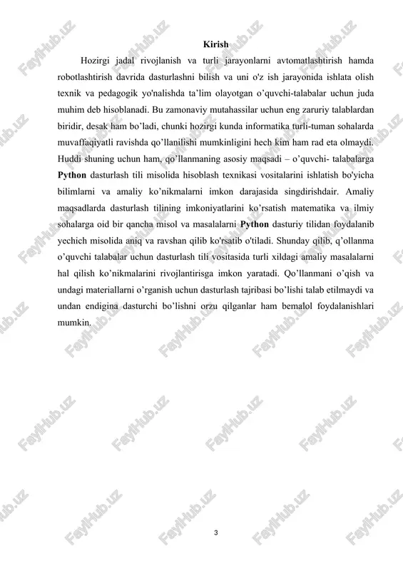 tta qadamlardan edi. bu versiyada eng asosiysi til va interpretatorni rivojlanish jarayoni ochiq ravishda bo`ldi. shunday qilib 1.0 versiyasi 1994-yil chiqarilgan bo`lsa, 2.0 versiyasi 2000-yil, 3.0 versiyasi esa 2008-yil ishlab chiqarildi. hozirgi vaqtda uchinchi versiyasi keng qo`llaniladi. python dasturlash tili imkoniyatlari python vђ“ bu o'rganishga oson va shu bilan birga imkoniyatlari yuqori bo'lgan oz sonlik zamonaviy dasturlash tillari qatoriga kiradi. python yuqori darajadagi ma'lumotlar strukturasi va oddiy lekin samarador obyektga yo'naltirilgan dasturlash uslublarini taqdim etadi. pythonning o'ziga xosligi · oddiy, o'rganishga oson, sodda sintaksisga ega, dasturlashni boshlash uchun qulay, erkin va ochiq kodlik dasturiy ta'minot. · dasturni yozish davomida quyi darajadagi detallarni, misol uchun xotirani boshqarishni hisobga olish shart emas. · ko'plab platformalarda hech qanday o'zgartirishlarsiz ishlay oladi. · interpretatsiya(r�rѕs‚rµsђrїsђrµs‚ryosђsѓrµrјs‹r№) qilinadigan til · kengayishga (r r°sѓs€ryosђsџrµrјs‹r№) moyil til. agar dasturni biror joyini tezroq ishlashini xoxlasak shu qismni c yoki c++ dasturlash tillarida yozib keyin shu qismni python kodi orqali ishga …