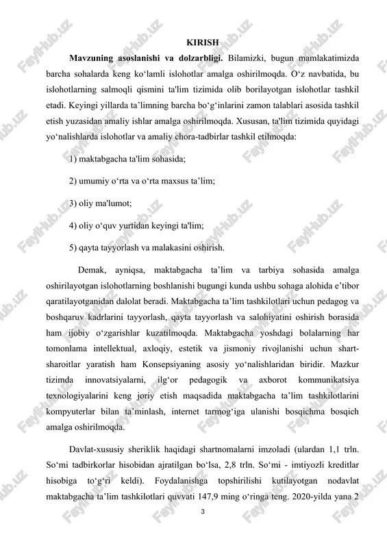 takomillashtirish mavzusida tuman (shahar) maktabgacha ta’lim bo‘limlari tomonidan o‘quv- seminarlar, tushuntirish ishlari olib borilmoqda. ushbu tadbirlarda “open emis” tizimidagi xato kamchiliklarni tuzatish bo‘yicha amaliy ko‘nikmalar berilmoqda. bu yo‘nalishga alohida e’tibor qaratilishi mamlakatimizning kelgusi taraqqiyoti uchun mustahkam zamin yaratadi. “maktabgacha ta’lim va ta’lim to‘g‘risida”gi qonun bu borada amalga oshirilayotgan islohotlarning huquqiy asosi bo‘lmoqda. qisqa vaqt ichida, ya'ni. to‘rt yil ichida mamlakatda bolalar bog‘chalari soni uch barobarga (5200 dan 14200 gacha) va bolalarni qamrab olish 28% dan 54%gacha ko‘tarildi.“maktabgacha ta’lim va ta’lim to‘g‘risida”gi qonun bu borada amalga oshirilayotgan islohotlarning huquqiy asosi bo‘lmoqda. mamlakatimizda ilk bor maktabgacha ta’lim vazirligining tashkil etilgani bu boradagi asosiy yo‘nalishlardan biri desak, mubolag‘a bo‘lmaydi. bugun yirik shaharlarimizda, chekka hududlarda, qishloq va ovullarda yangi zamonaviy bog‘chalar barpo etilmoqda. xususan, ta’lim tizimida qabul qilingan eng muhim hujjatlardan biri “ta’lim to‘g‘risida”gi qonunning yangi tahrirda qabul qilingani bo‘ldi. qonunda ta'limning asosiy tamoyillari, tizimi, turlari va shakllari aniq belgilab berilgan. shuningdek, qonun hujjatlariga …