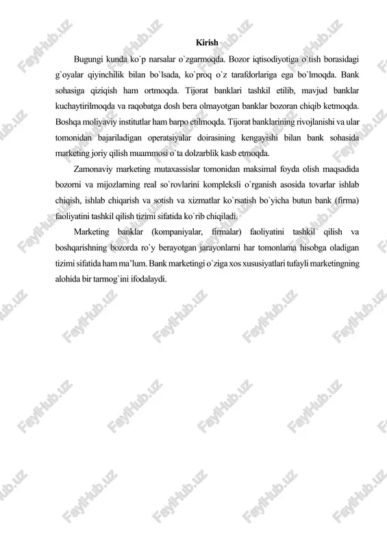 bo`lmasdi. bozor iqtisodiyoti amal qiladigan mamlakatlarda bank tizimini moslashtirish, xo`jalik faoliyatini keng diversifikatsiya qilish va tarkibiy qayta qurishning asosiy yo`nalishlari shunday. bizning mamlakat uchun bu yo`nalishlar katta qiziqish uyg`otadi, chunki o`zgarayotgan mamlakat iqtisodiyot kredit tizimini qayta qurishni taqozo etadi. hozirgi paytda xalq xo`jaligini rivojlantirish va barqarorlashtirishning asosiy yo`nalishi hisblangan bozor munosabatlariga o`tish birlamchi chora sifatida bank tizimini qayta qurish va moliya tizimini sog`lomlashtirishni nazarda tutadi. shu boisdan moliya bozorini shakllantirish va rivojlantirish obyektiv jarayon hisoblanadi. bu jarayonning qanchalik muvaffaqiyatli amalga oshirilishi, o`tish davri iqtisodiyotida yangi bank tizimining roli qanday ekanligi ko`p jihatdan bank sohasida marketingning rivojlanishi, turli banklar o`rtasida, banklar va mijozlar o`rtasida yuzaga keladigan o`zaro munosabatlar bilan, shuningdek, bank xizmatlari bozorining shakllanishi, foiz siyosati va banklarning boshqa faoliyati bilan belgilanadi. 2. bank marketingi elementlari marketing mazmunini aniqlashtirish uchun xx asrning 30-yillarida iqtisodchi-olimlar tomonidan bir model ishlab chiqilgan. ushbu modelni ingliz iqtisodchisi edjeni makkarti ishlab chiqqan bo`lib, keyinchalik f.kotler va …
