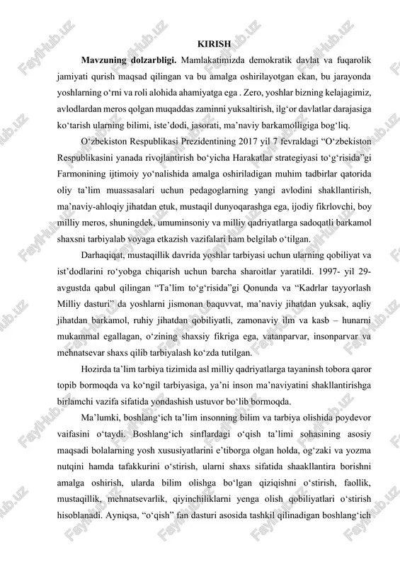 apni barcha qirralari bilan to‘g'ri, o‘rinli ishlata olishni o‘rgatish, o‘z nutqiga nisbatan ehtiyotkorlik tuyg'usini shakllantirish o‘qish mashg'ulotlarining asosiy vazifasi sanaladi. ii – bob. boshlang‘ich sinf o‘qish darslarida sinfdan tashqari o‘qitish 1.1. sinfdan tashqari o‘qishning maqsad va vazifalari maktab o‘quvchini o‘qish malakasi bilan qurollantirish bilan bir qatorda kitobni mustaqil o‘qiy oladigan, uni tushunadigan, ma’lum bir mavzuga oid kitoblarni tanlay oladigan, gazeta va jurnallarni ham mustaqil o‘qiydigan faol kitobxonni tarbiyalaydi. shu jihatdan sinfdan tashqari o‘qish (sinfdan tashqari o‘qitish) tarbiyaning asosiy quroli sifatida xizmat qiladi, ko‘p narsani bilishga havasni orttiradi. sinfdan tashqari o‘qitishning maqsadi o‘qish malakalarini takomillashtirish, kitob tanlay oladigan, muntazam kitob o‘qiydigan, o‘qilgan kitobni to‘g‘ri baholay oladigan ongli kitobxonni tarbiyalashdir. maktablarda 1959 yildan boshlab maxsus sinfdan tashqari o‘qitish darslari tashkil etilgan. bunday darslar 1-2-sinfda haftada 1 marta, 3-4-sinfda 2 haftada 1 marta o‘tkazilib kelindi. hozirgi dasturga ko‘ra, bunday darslar 1-4-sinflarda 2 haftada bir marta o‘tkaziladi. savod o‘rgatish jarayonida esa haftadagi oxirgi alifbe …