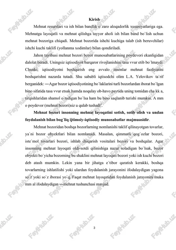 oldi-sotdi qilinadi, degan fikrni ilgari suruvchilar fikriga qo`shilgan holda, mehnat bozorida insonning mehnat layoqati tovar shaklida namoyon bo`ladi va yollanma ishlamoqchi bo`lgan kishilar tomonidan taklif qilinadi. ish beruvchi xodimning sarf qilgan mehnat layoqati bahosini (ish haqini) to`lab boradi. mehnat layoqati insondagi turli qirralarni, kishining ma`naviy va jismoniy rivojlanish darajasi, malakasi, qobiliyati, iqtidori, mehnatsevarligi, ruhiy holati va boshqalarni qamrab oladi. bozor obyekti hisoblangan insonning mehnat layoqati boshqa tovarlardan quyidagi bir qancha jihatlari bilan farqlanadi: 1. har tomonlamalik. mehnat layoqatining bu xususiyati natijasida, inson turli kasblarni egallashi mumkin, shuningdek, iqtisodiy holatga qarab, o`z kasbini istagan vaqtida o`zgartirib, turli tarmoqlarda ish bilan band bo`lishi mumkin. 2. mehnatga layoqat egasining ijtimoiy adolatga bo`ysinishi. inson ongli mavjudot sifatida, turli texnikalardan farq qilib, adolat, tenglik, do`stlik, insoniylik kabi tuyg`ular egasi bo`lib, bu tuyg`ular uning mehnat faoliyatiga ta`sir ko`rsatadi va mehnat layoqatidan cheksiz foydalana olmaydi. 3. inson tanasidan mehnat layoqatini ajratib bo`lmaslik. bu tovar qanchalik bozor munosabatlariga …