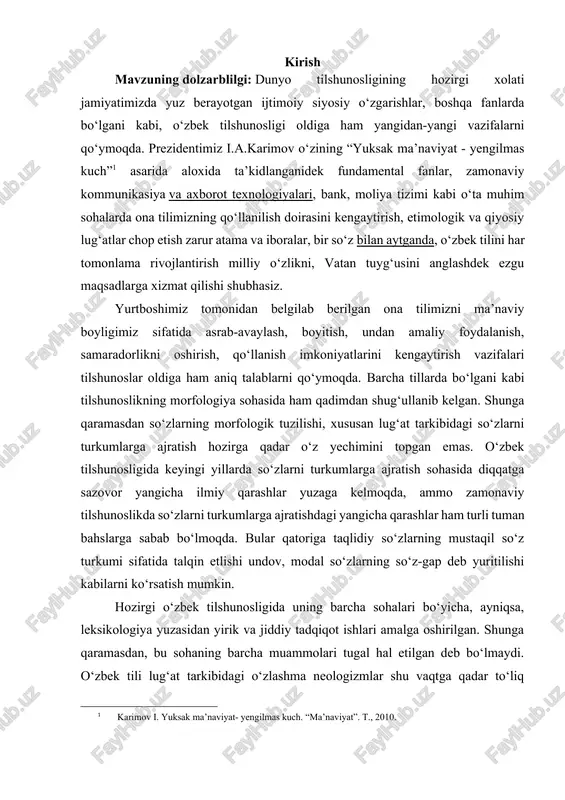dagi o‘zlashma neologizmlar sistem tadbirlar asosida o‘rganilmagan. sababi shuki, lug‘aviy materialni sistem o‘rganish fonetika, morfologiya yoki sintaksis materiallarini sistem o‘rganishga qaraganda qiyinroq kechadi. muammoning o‘rganilganlik darajasi boshqa tillarda bo‘lgani kabi o‘zbek tilshunosligida ham ot tarkibidagi so‘zlar bajarayotgan vazifalariga ko‘ra an’anaviy ravishda mustaqil so‘z turkumlari, yordamchi so‘z turkumlari deb keyinchalik esa ular mustaqil, yordamchi va alohida so‘z turkumlari sifatida, hatto mustaqil, yordamchi va oraliq so‘z turkumlari deb talqin etila boshlandi. zamonaviy tilshunoslikda esa so‘zlarni turkumlarga ajratish sintaktik ma’noviy va morfologik nuqtai nazardan tadqiq etilmoqda. garchi ushbu mavzu tilshunoslar tomonidan atroflicha o‘rganilgan bo‘lsa-da ularda hanuzga qadar bir to‘xtamga kelinmaganligining guvohi bo‘lamiz. tilimizning lug‘at tarkibida o‘zimizniki bo‘lgan so‘zlardan tashqari boshqa tillardan o‘zlashgan so‘zlar ham mavjud. bu tabiiy holdir. chunki o‘zbek xalqi o‘z tarixining turli davrlarida boshqa xalqlar bilan iqtisodiy, madaniy, siyosiy aloqada bo‘lib kelgan. mana shu aloqa-aralashuv natijasi o‘laroq tilimizga boshqa tillardan so‘zlar kirib, o‘zlashib ketgan. shu nuqtai nazardan adabiy til so‘zarini tarixiy …
