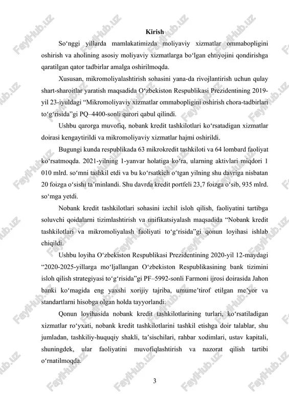 respublikamizda yagona moliya tizimining toʻldiruvchisi sifatida nobank kredit tashkilotlari rivojiga xizmat qiladi. asosiy qism 1. nobank kredit tashkilotlarining zarurligi va iqtisodiyotdagi o‘rni bugungi kunda iqtisodiyotning barcha sohalaridagi kabi moliyaviy xizmatlar bozorida ham raqobat sharoitlarini yahshilash, moliyaviy xizmatlarni bozor tamoyillari asosida amalga oshirishni kengaytirish, moliyaviy xizmatlarning samarali infratuzilmasini yaratish va faoliyatini avtomatlashtirish muhim ahamiyat kasb etmoqda. so‘nggi besh yil davomida mikrokredit tashkilotlari soni 44 taga, lombardlar soni esa 31 taga ortib, bugungi kunga kelib 74 ta mikrokredit tashkilotlari va 77 ta lombardlar aholi va tadbirkorlarga mikromoliyaviy xizmatlar ko‘rsatib kelmoqda. hududlar qirqimida nobank kredit tashkilotlari toshkent shahrida 2 barobarga (jami soni 66 ta), farg‘ona va buxoro viloyatlarida 3 barobarga, (mos ravishda 20 ta va 14 ta) hamda toshkent viloyatida 1,5 barobarga (soni 15 ta) o‘sgan. 2021-yilning 1-iyulidan buyon nobank kredit tashkilotlari bozoriga yangi ishtirokchilarning – 8 ta mikrokredit tashkilotini hamda ularning 25 ta filial va chakana xizmatlar markazlarini, 10 ta lombardni kirib …